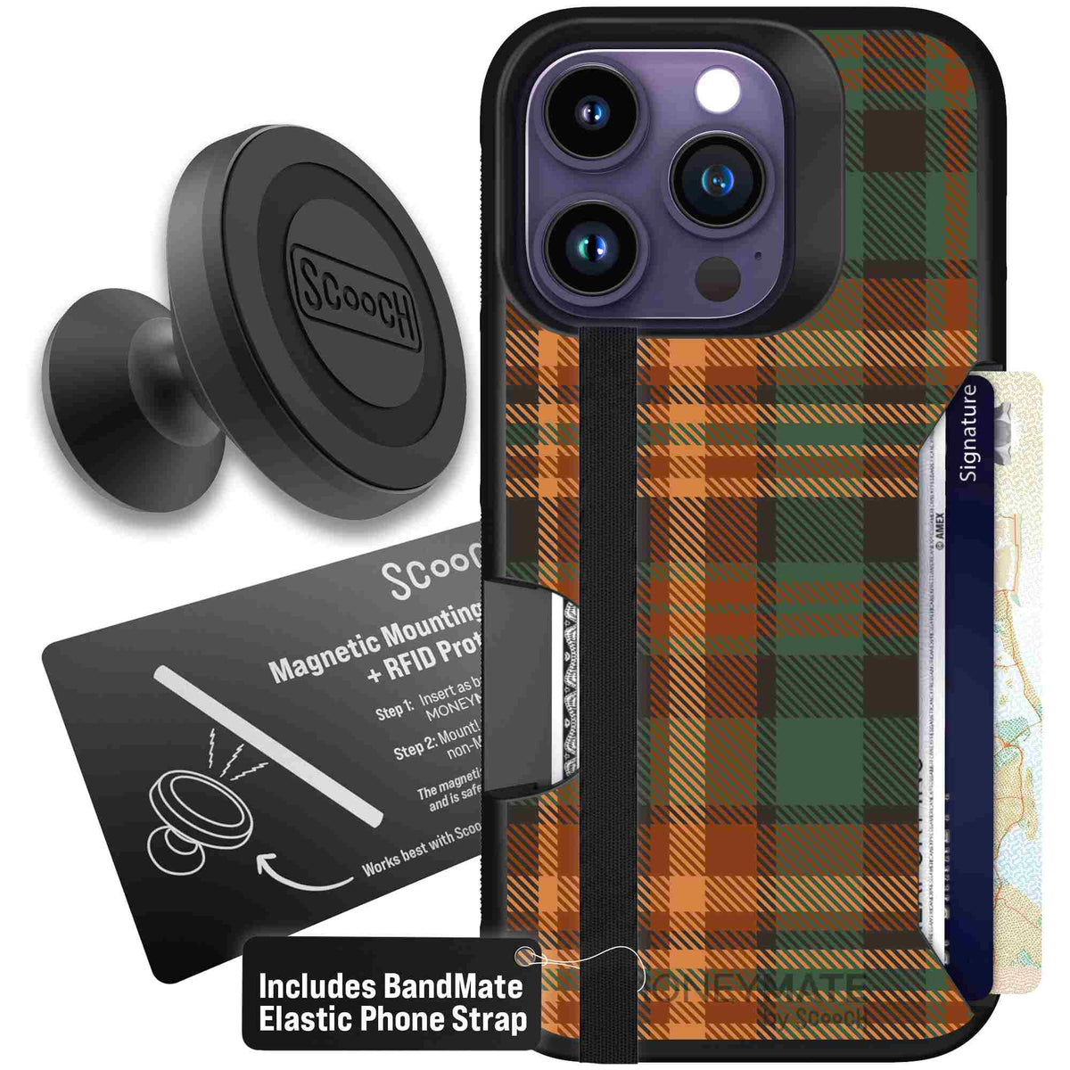Fall Flannel orange and brown plaid pattern on a Scooch Moneymate case for iPhone 14 Pro - Starter Bundle