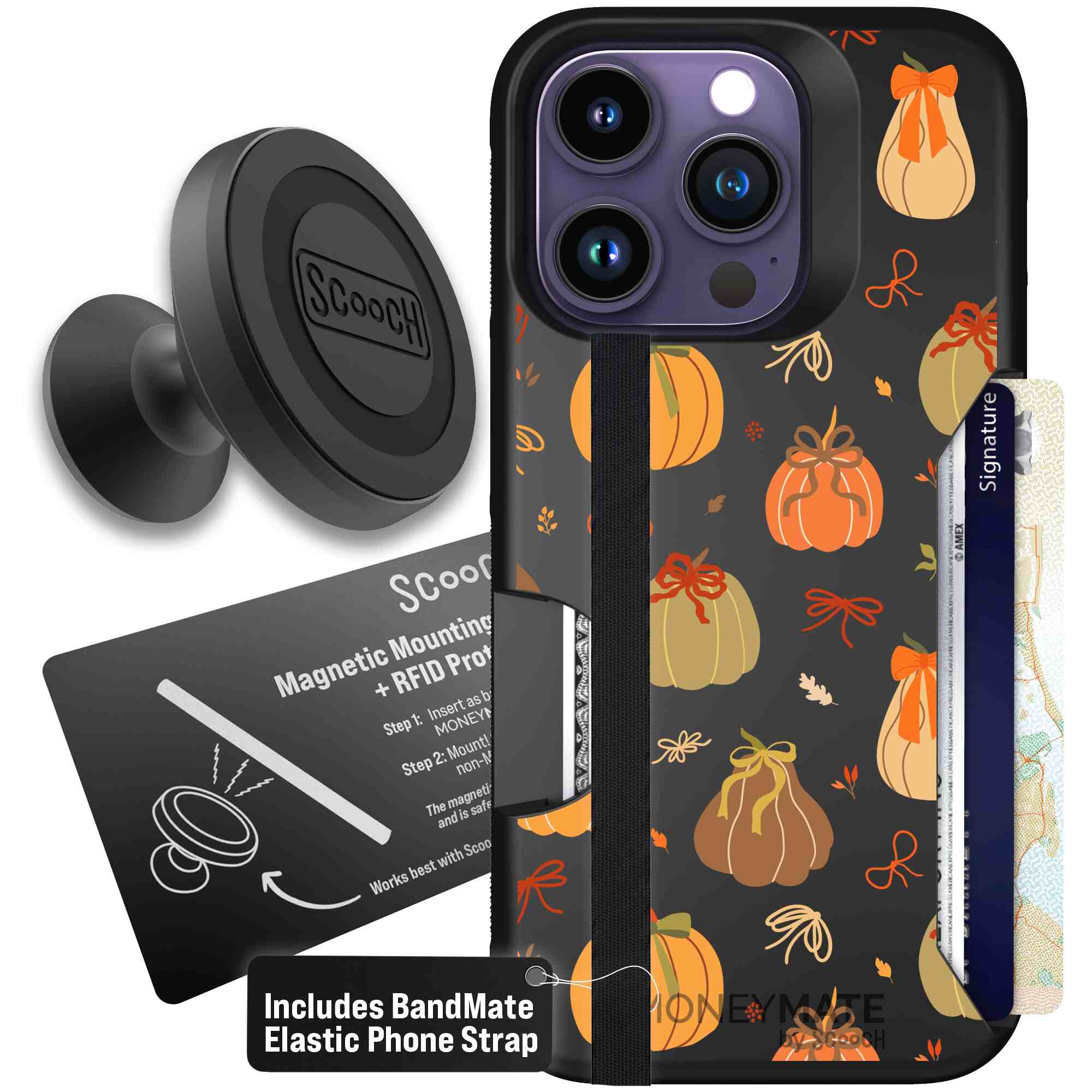 Pretty Pumpkins orange pumpkin and bow pattern on a Scooch Moneymate case for iPhone 14 Pro - Starter Bundle