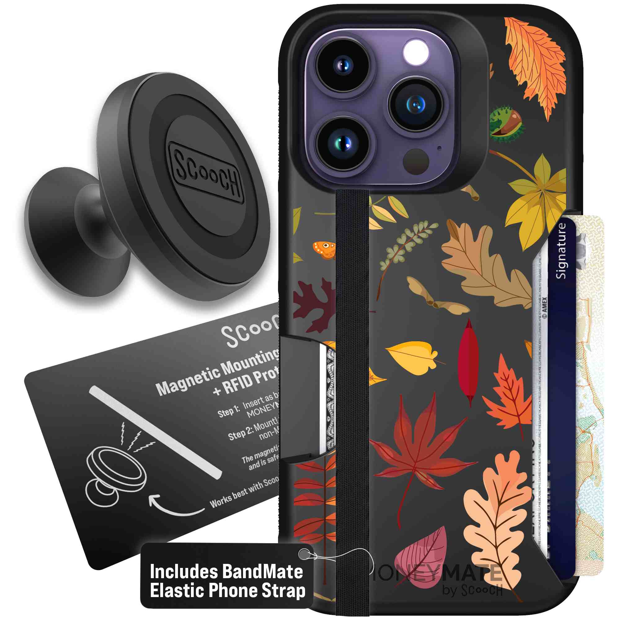 Autumn Leaves multicolored fall foliage pattern on a charcoal Scooch Moneymate case for iPhone 14 Pro - Starter Bundle