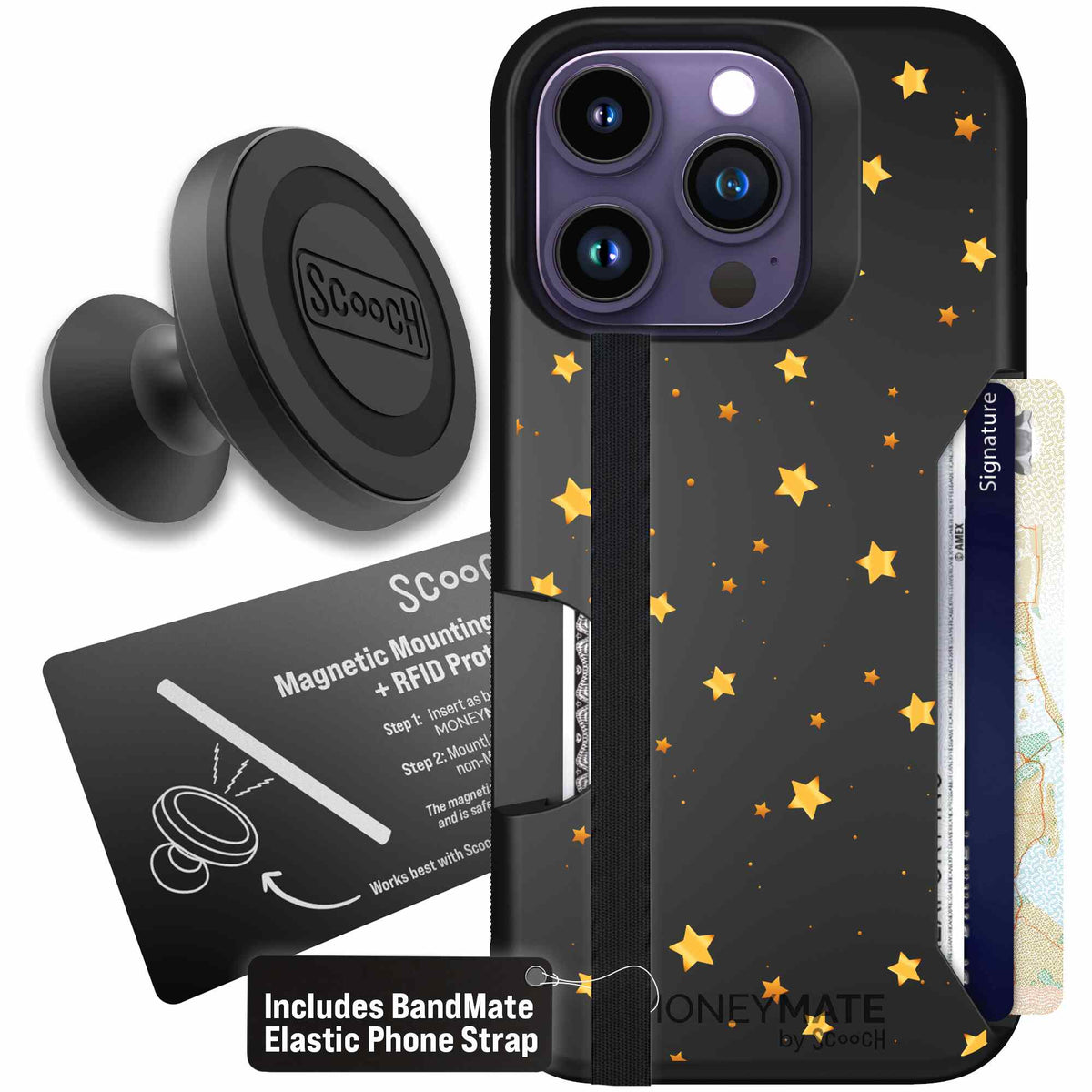 Gold Stars yellow and gold star pattern on a charcoal Scooch Moneymate case for iPhone 14 Pro - Starter Bundle