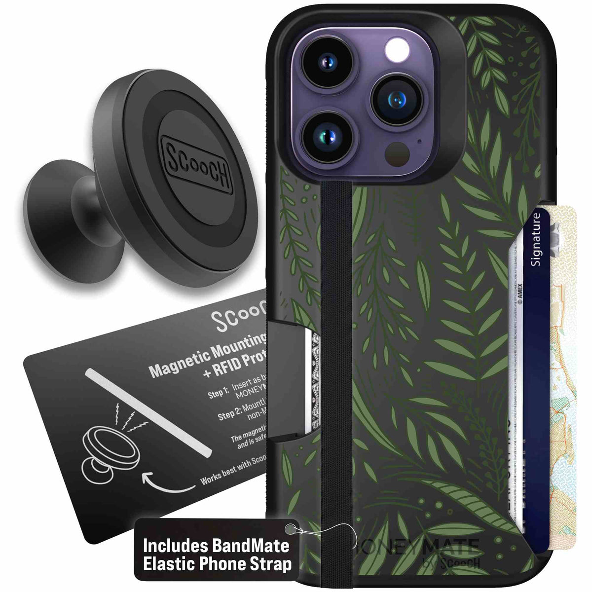 Willow Garden layered green leaves and branches on a charcoal Scooch Moneymate case for iPhone 14 Pro - Starter Bundle
