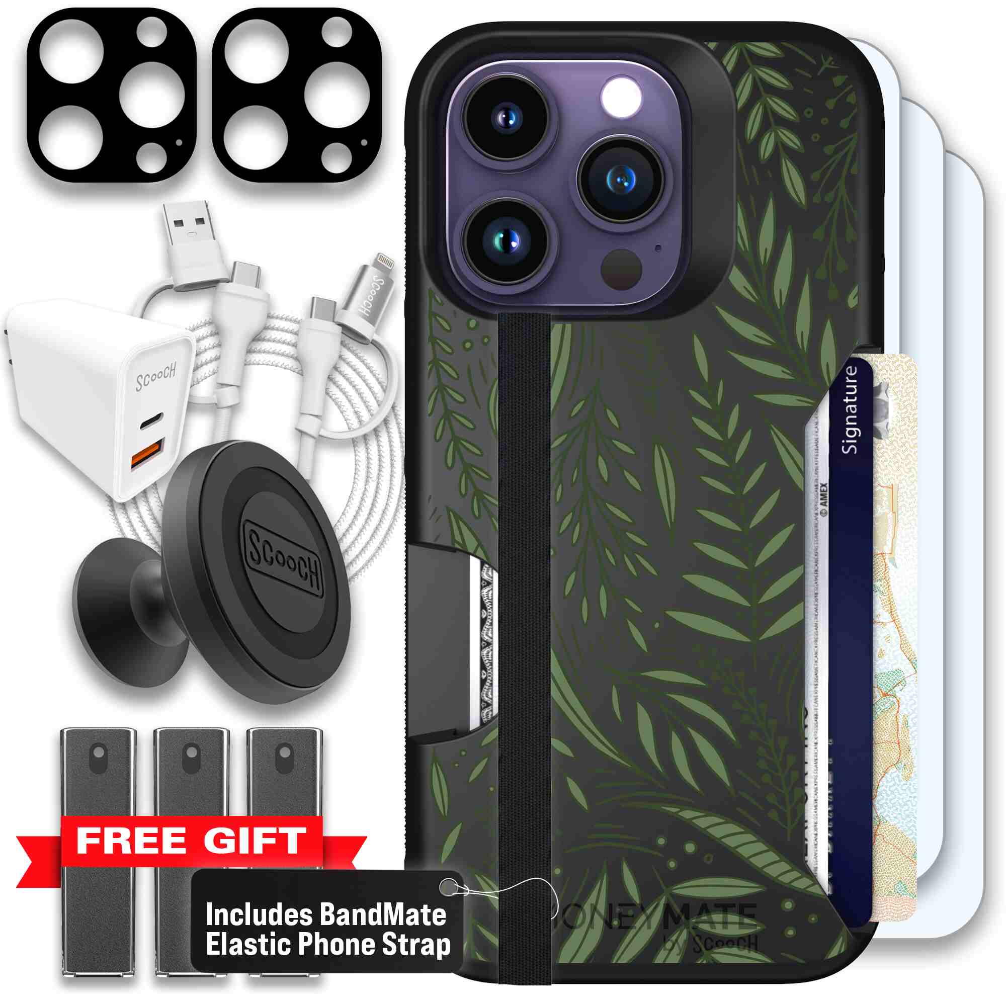 Willow Garden layered green leaves and branches on a charcoal Scooch Moneymate case for iPhone 14 Pro - Ultimate Bundle