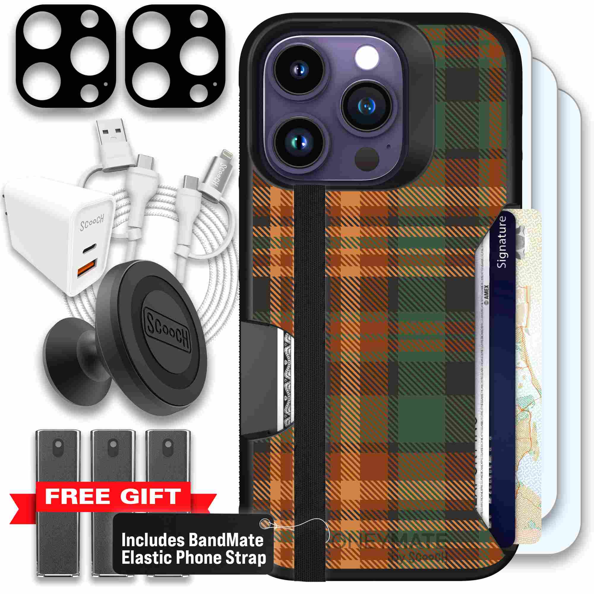 Fall Flannel orange and brown plaid pattern on a Scooch Moneymate case for iPhone 14 Pro - Ultimate Bundle