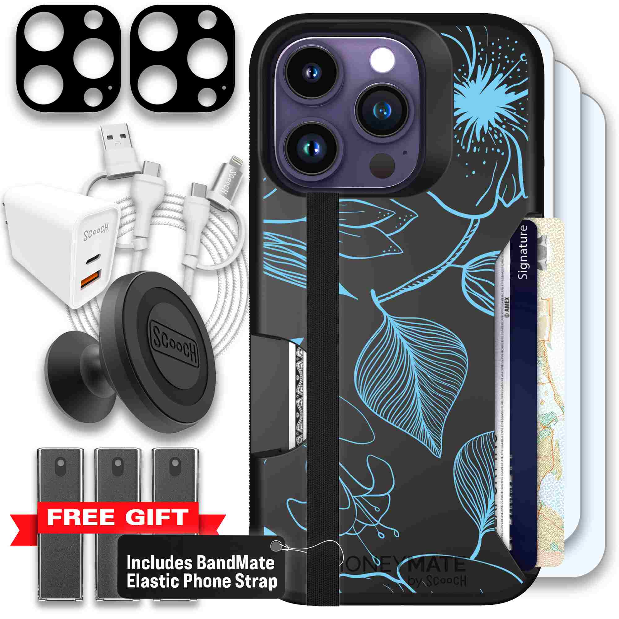 Blue Hibiscus cyan-blue tropical flower pattern on a charcoal Scooch Moneymate case for iPhone 14 Pro - Ultimate Bundle