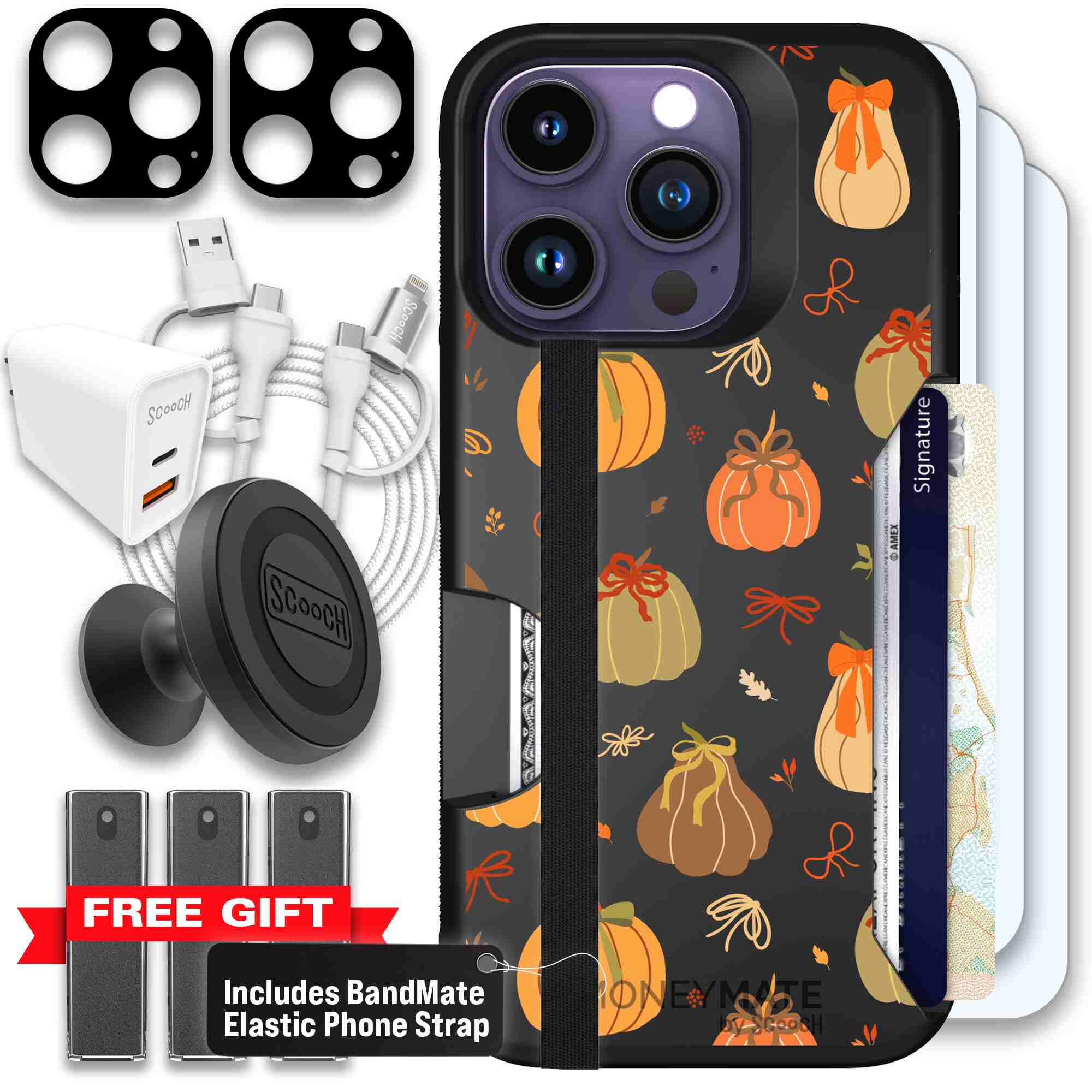 Pretty Pumpkins orange pumpkin and bow pattern on a Scooch Moneymate case for iPhone 14 Pro - Ultimate Bundle