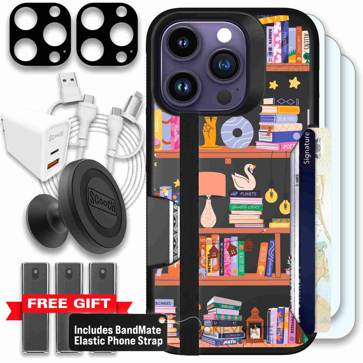 Little Library colorful book and bookshelf pattern on a Scooch Moneymate case for iPhone 14 Pro - Ultimate Bundle