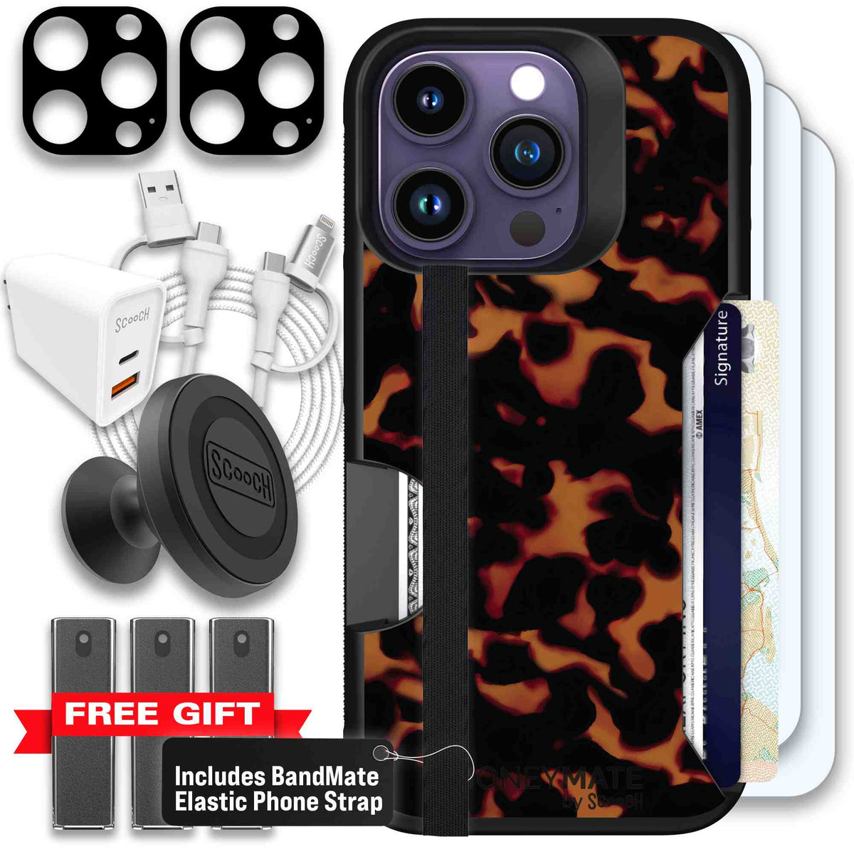 Tortoise Shell amber brown and black mottled pattern on a Scooch Moneymate case for iPhone 14 Pro - Ultimate Bundle