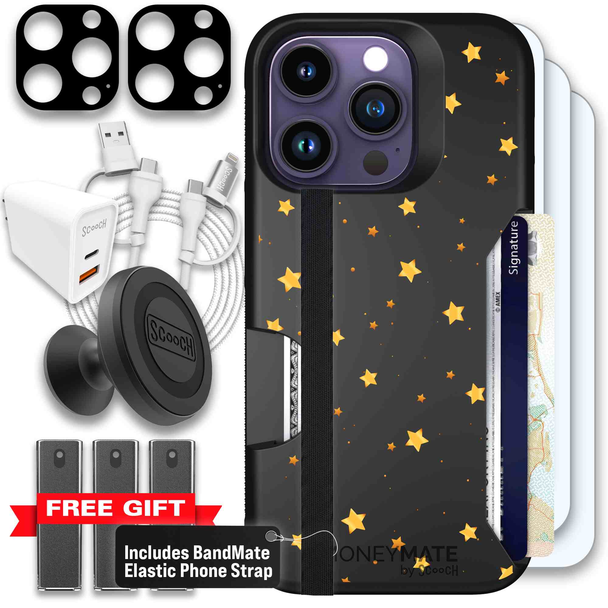 Gold Stars yellow and gold star pattern on a charcoal Scooch Moneymate case for iPhone 14 Pro - Ultimate Bundle