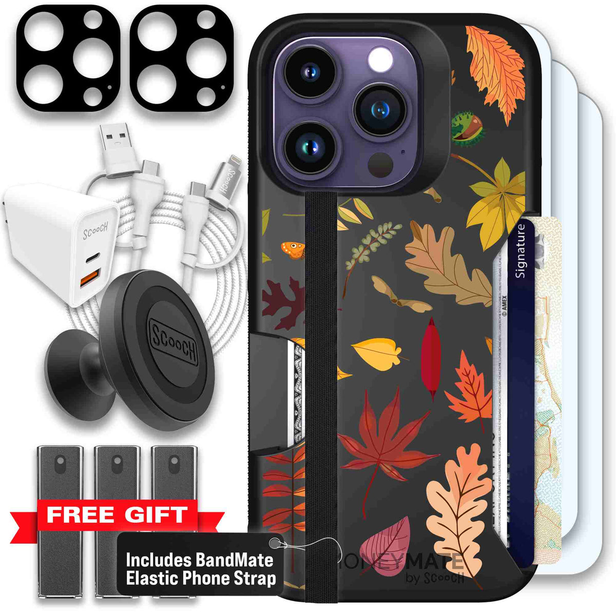 Autumn Leaves multicolored fall foliage pattern on a charcoal Scooch Moneymate case for iPhone 14 Pro - Ultimate Bundle