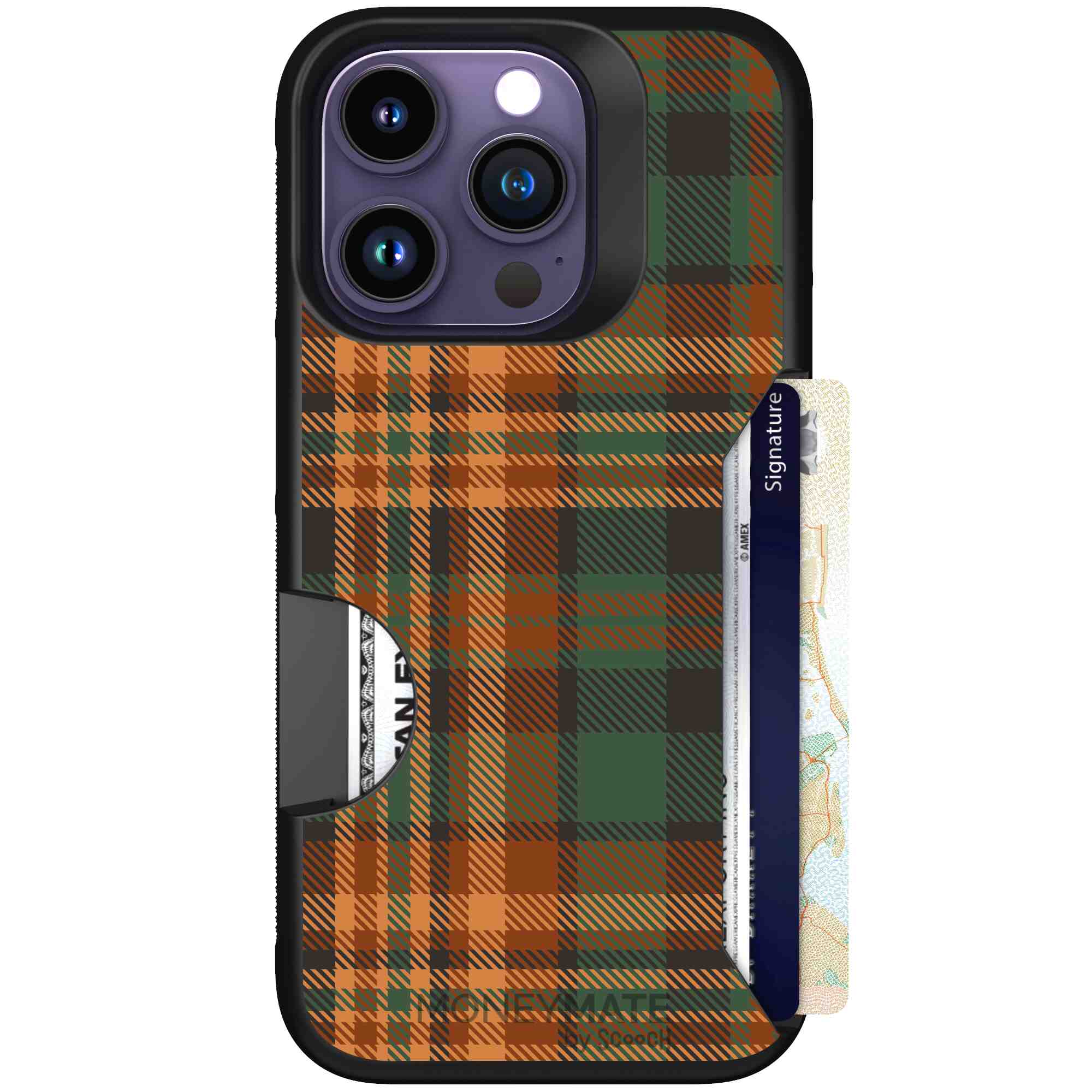 Fall Flannel orange and brown plaid pattern on a Scooch Moneymate case for iPhone 14 Pro