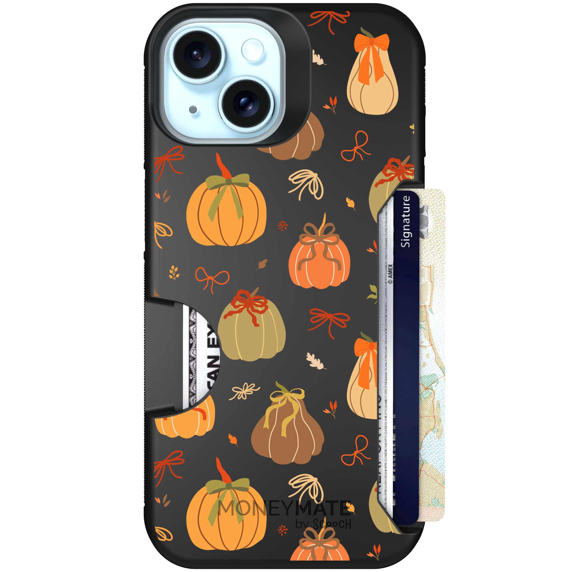 Pretty Pumpkins orange pumpkin and bow pattern on a Scooch Moneymate case for iPhone 15
