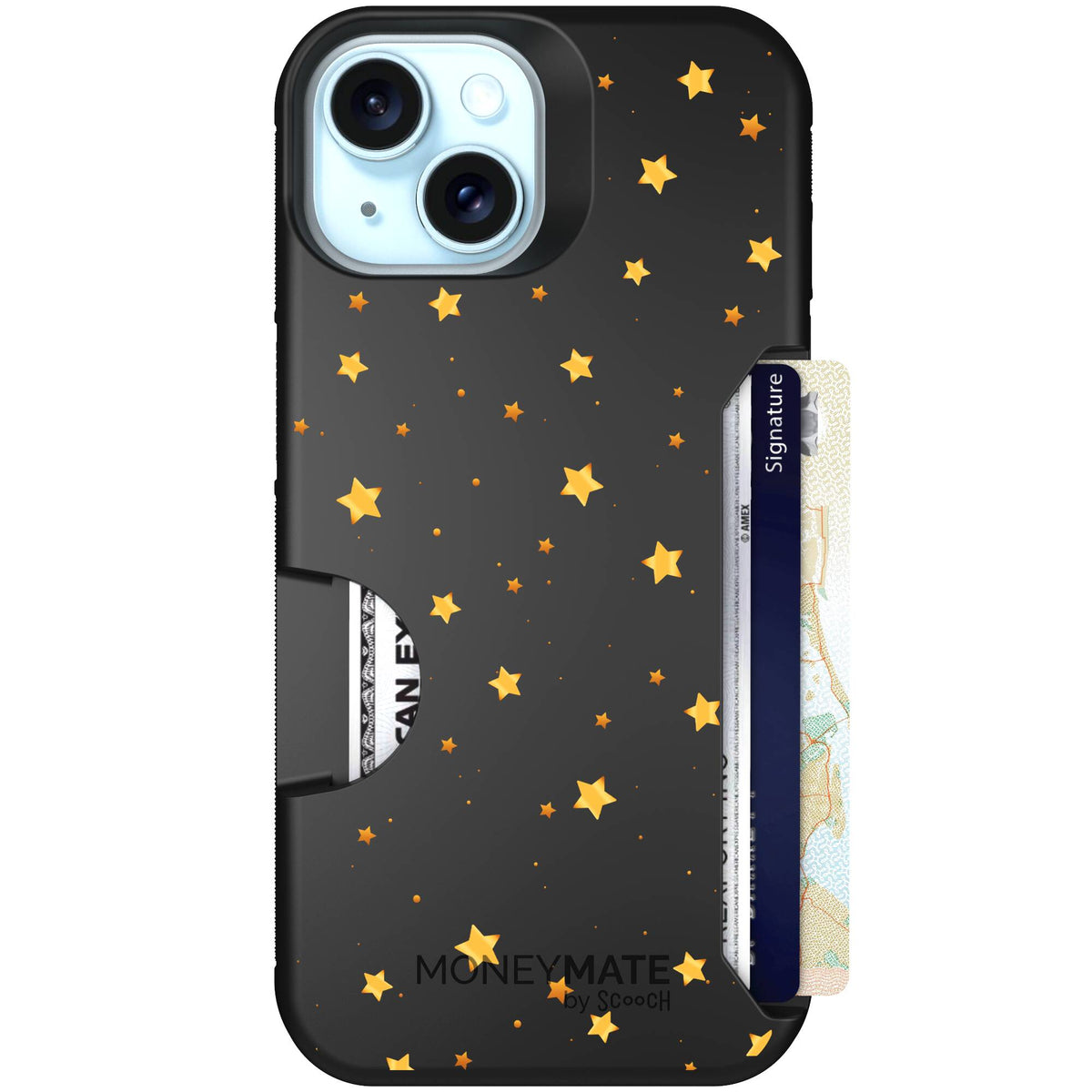 Gold Stars yellow and gold star pattern on a charcoal Scooch Moneymate case for iPhone 15