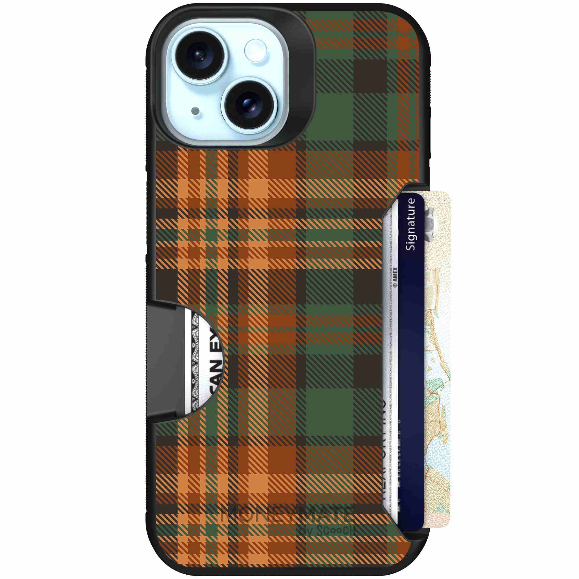 Fall Flannel orange and brown plaid pattern on a Scooch Moneymate case for iPhone 15