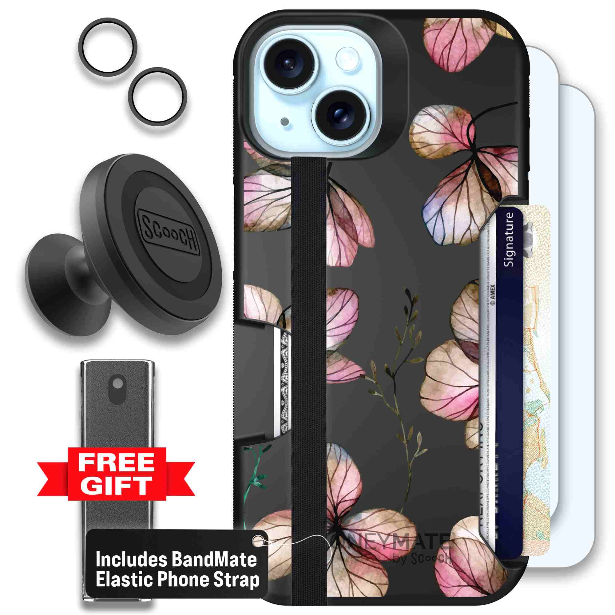 Dried Flowers blush mauve and cream floral pattern on a black Scooch Moneymate case for iPhone 15 - Defender Bundle
