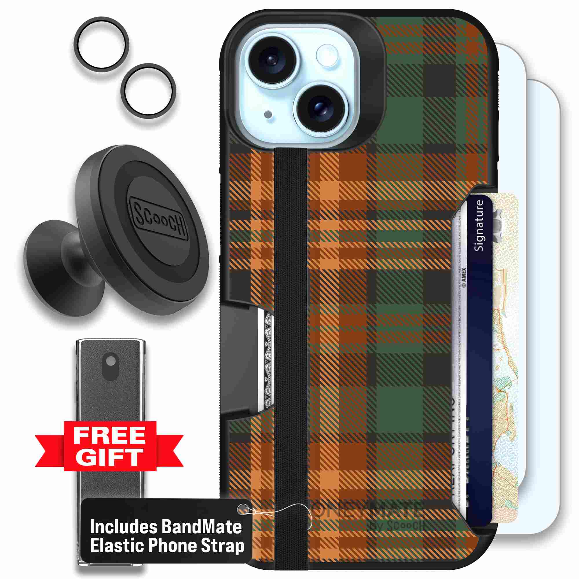 Fall Flannel orange and brown plaid pattern on a Scooch Moneymate case for iPhone 15 - Defender Bundle