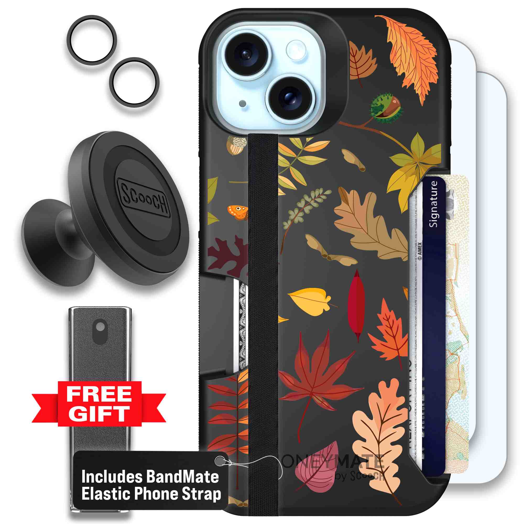 Autumn Leaves multicolored fall foliage pattern on a charcoal Scooch Moneymate case for iPhone 15 - Defender Bundle