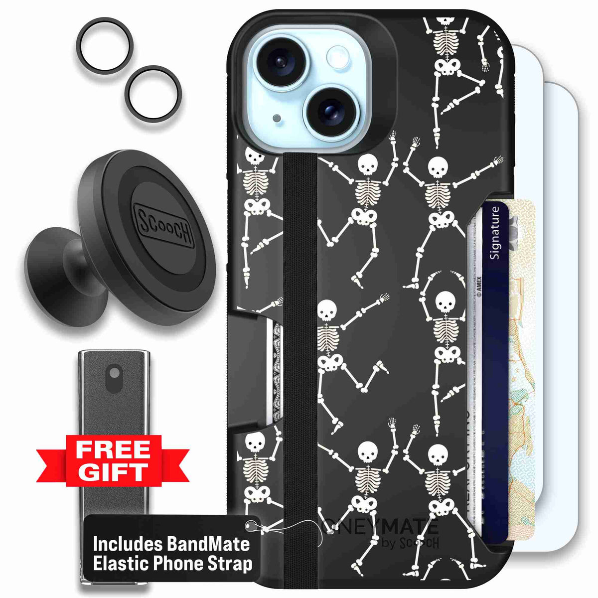Swinging Skeletons white dancing skeleton pattern on a black Scooch Moneymate case for iPhone 15 - Defender Bundle