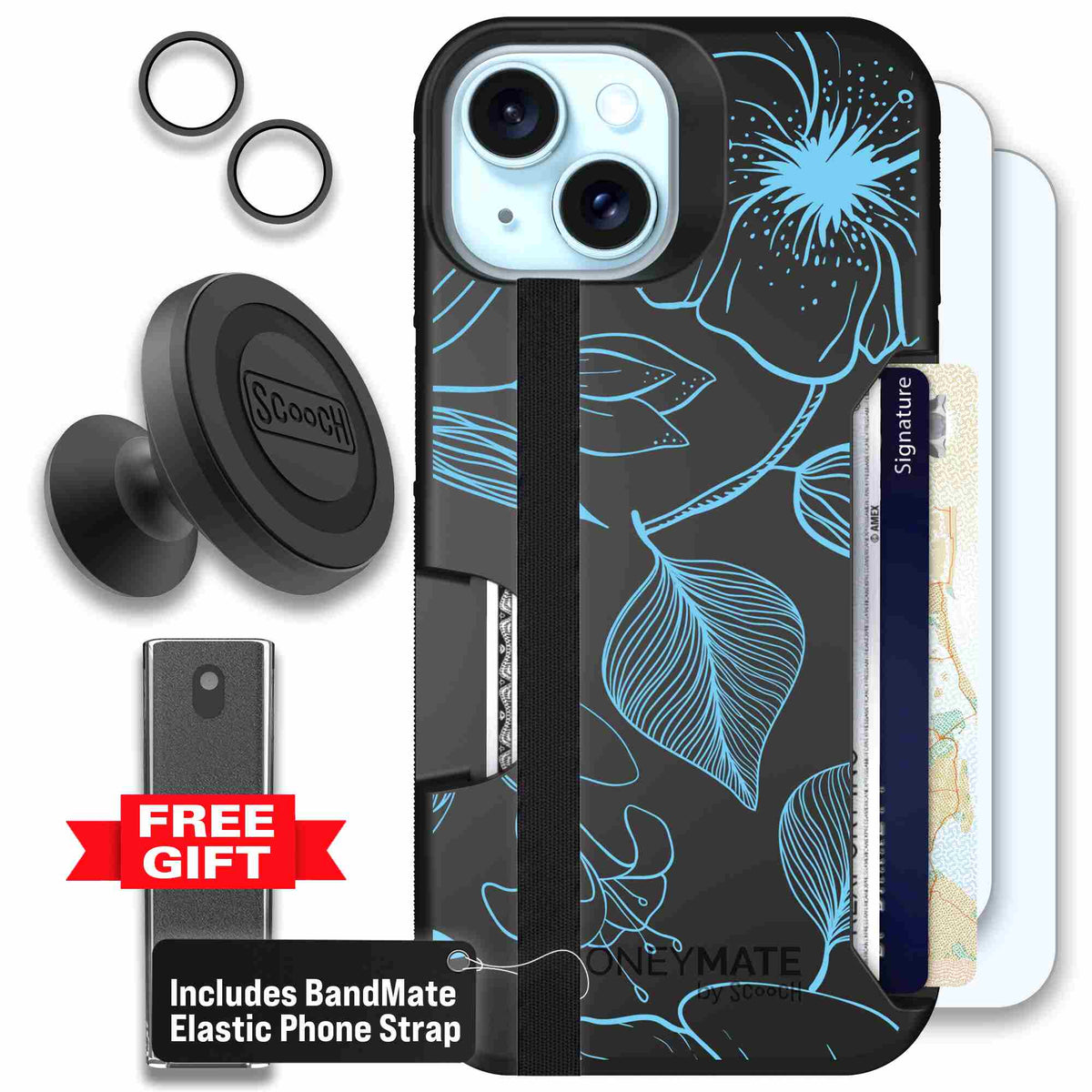 Blue Hibiscus cyan-blue tropical flower pattern on a charcoal Scooch Moneymate case for iPhone 15 - Defender Bundle