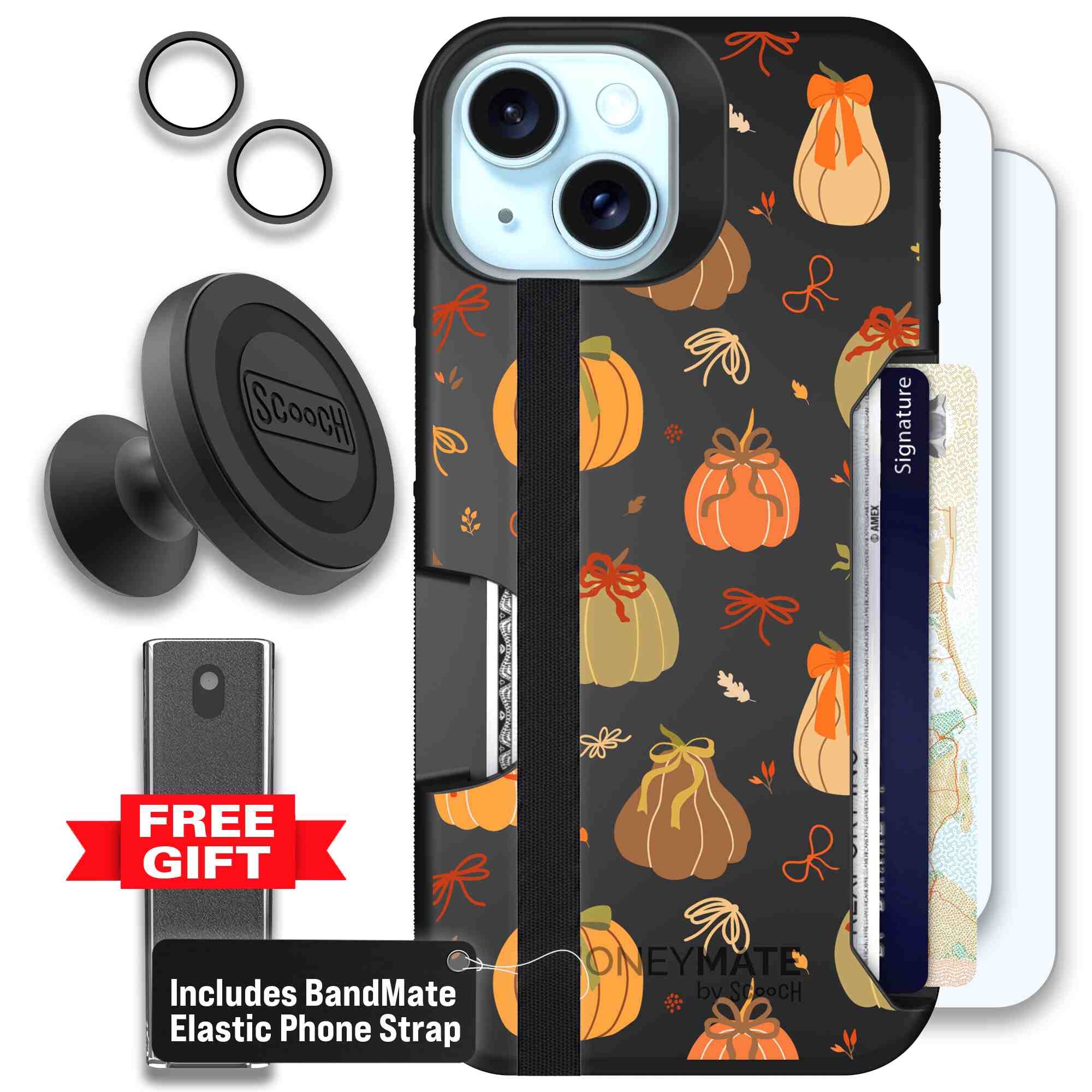 Pretty Pumpkins orange pumpkin and bow pattern on a Scooch Moneymate case for iPhone 15 - Defender Bundle