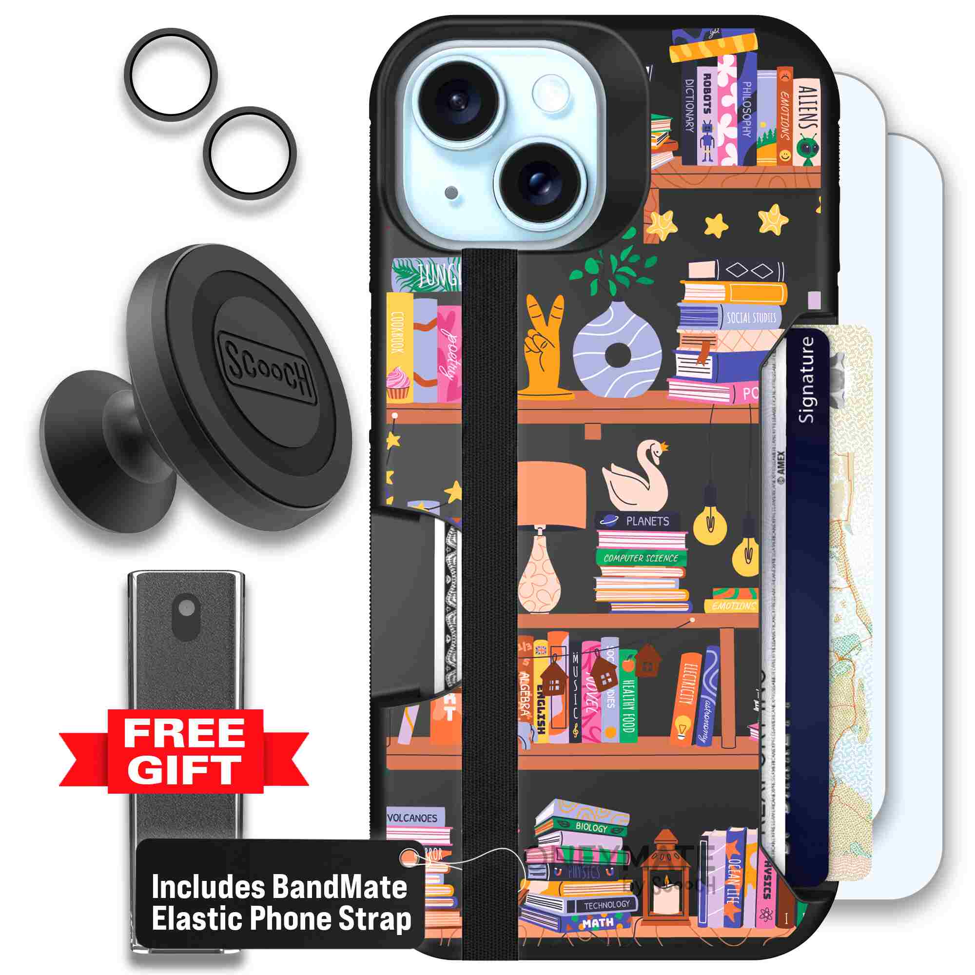 Little Library colorful book and bookshelf pattern on a Scooch Moneymate case for iPhone 15 - Defender Bundle