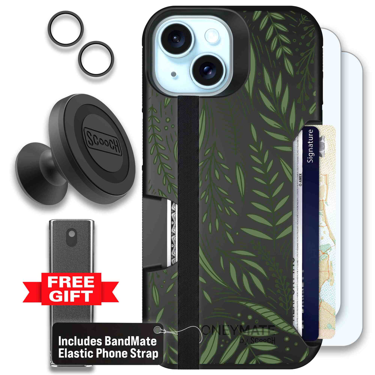 Willow Garden layered green leaves and branches on a charcoal Scooch Moneymate case for iPhone 15 - Defender Bundle