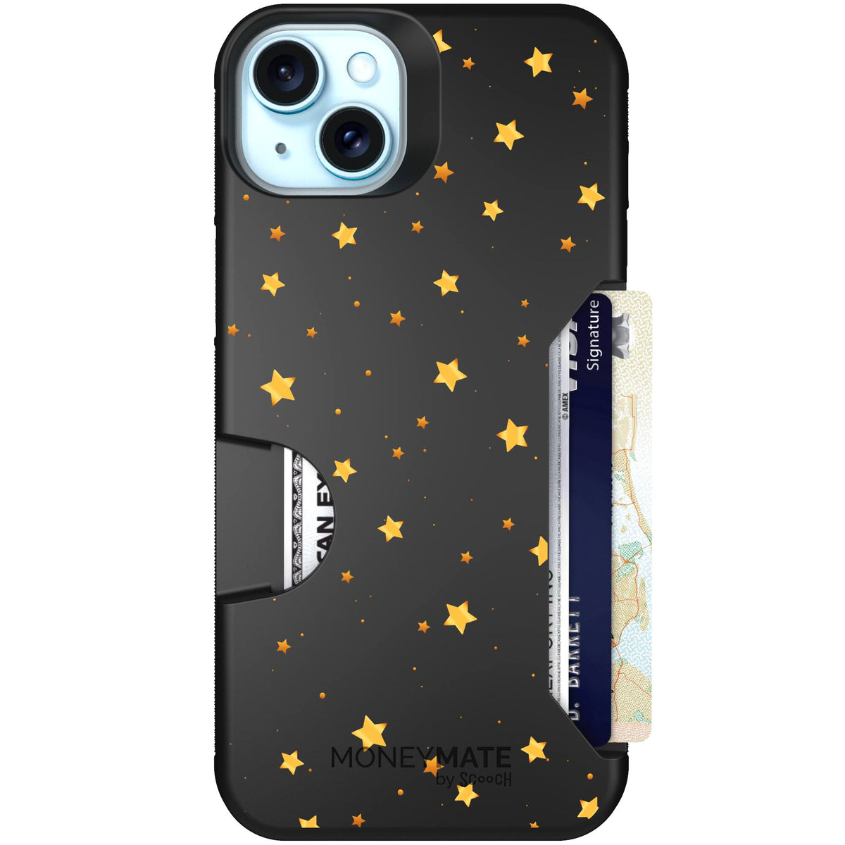 Gold Stars yellow and gold star pattern on a charcoal Scooch Moneymate case for iPhone 15 Plus