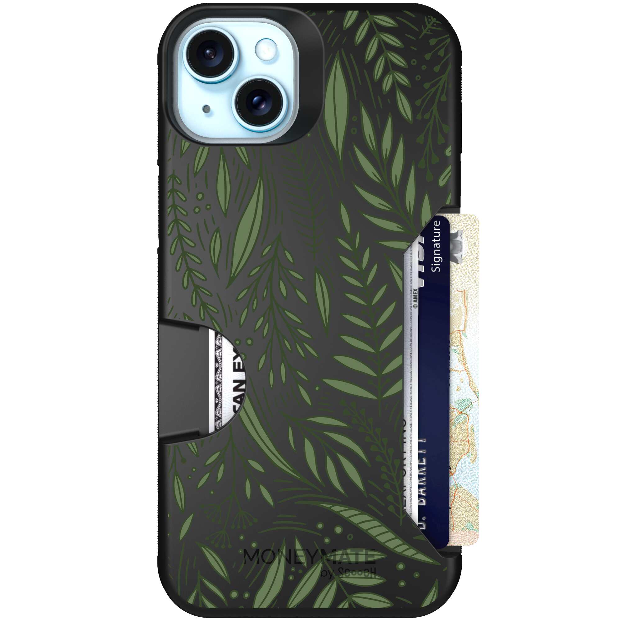 Willow Garden layered green leaves and branches on a charcoal Scooch Moneymate case for iPhone 15 Plus