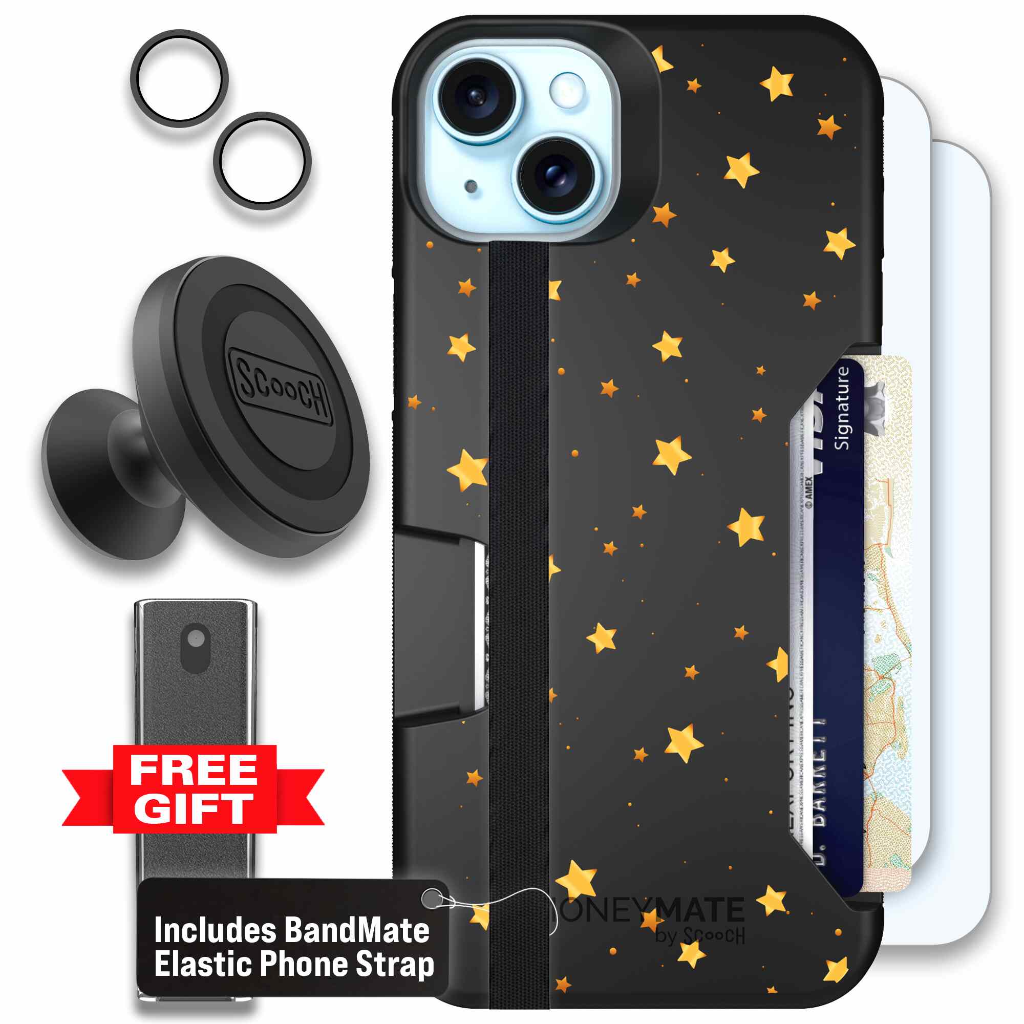 Gold Stars yellow and gold star pattern on a charcoal Scooch Moneymate case for iPhone 15 Plus - Defender Bundle