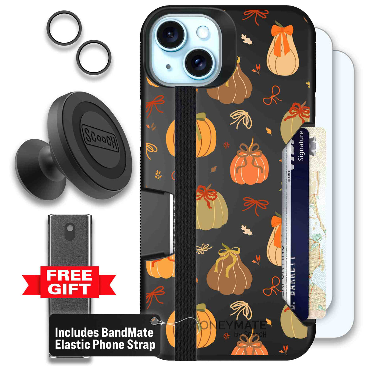 Pretty Pumpkins orange pumpkin and bow pattern on a Scooch Moneymate case for iPhone 15 Plus - Defender Bundle