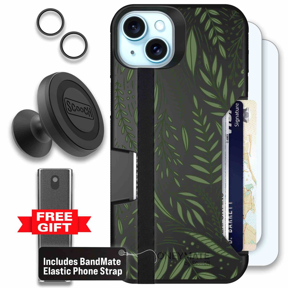 Willow Garden layered green leaves and branches on a charcoal Scooch Moneymate case for iPhone 15 Plus - Defender Bundle