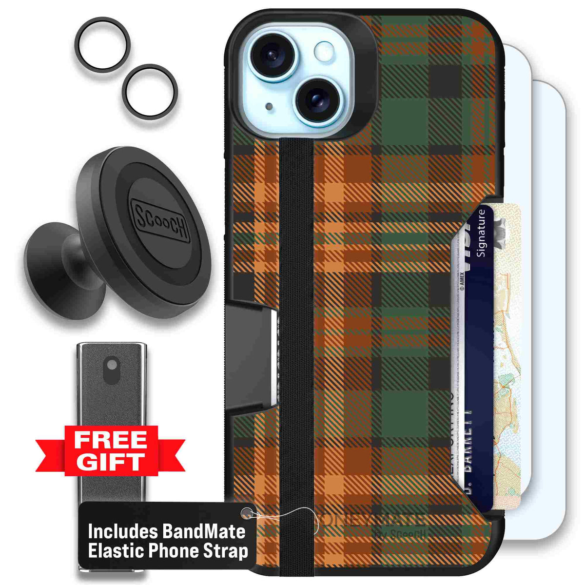 Fall Flannel orange and brown plaid pattern on a Scooch Moneymate case for iPhone 15 Plus - Defender Bundle