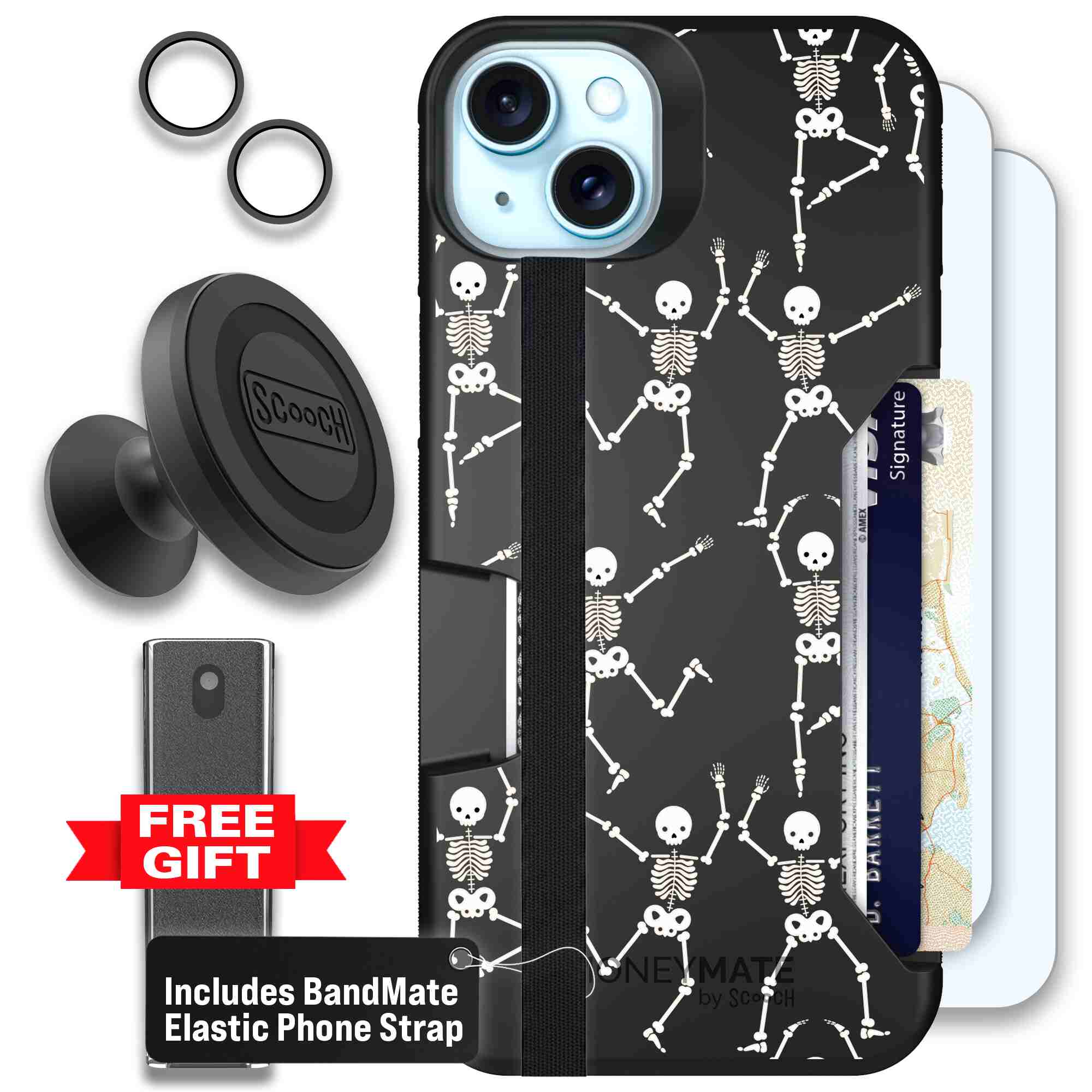 Swinging Skeletons white dancing skeleton pattern on a black Scooch Moneymate case for iPhone 15 Plus - Defender Bundle