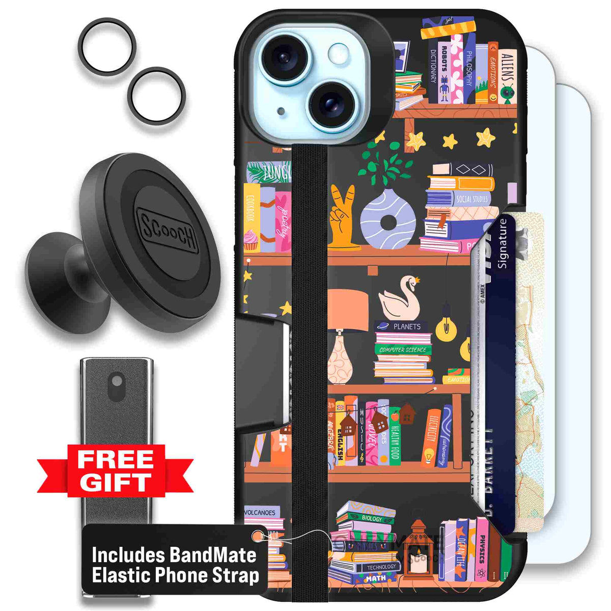 Little Library colorful book and bookshelf pattern on a Scooch Moneymate case for iPhone 15 Plus - Defender Bundle