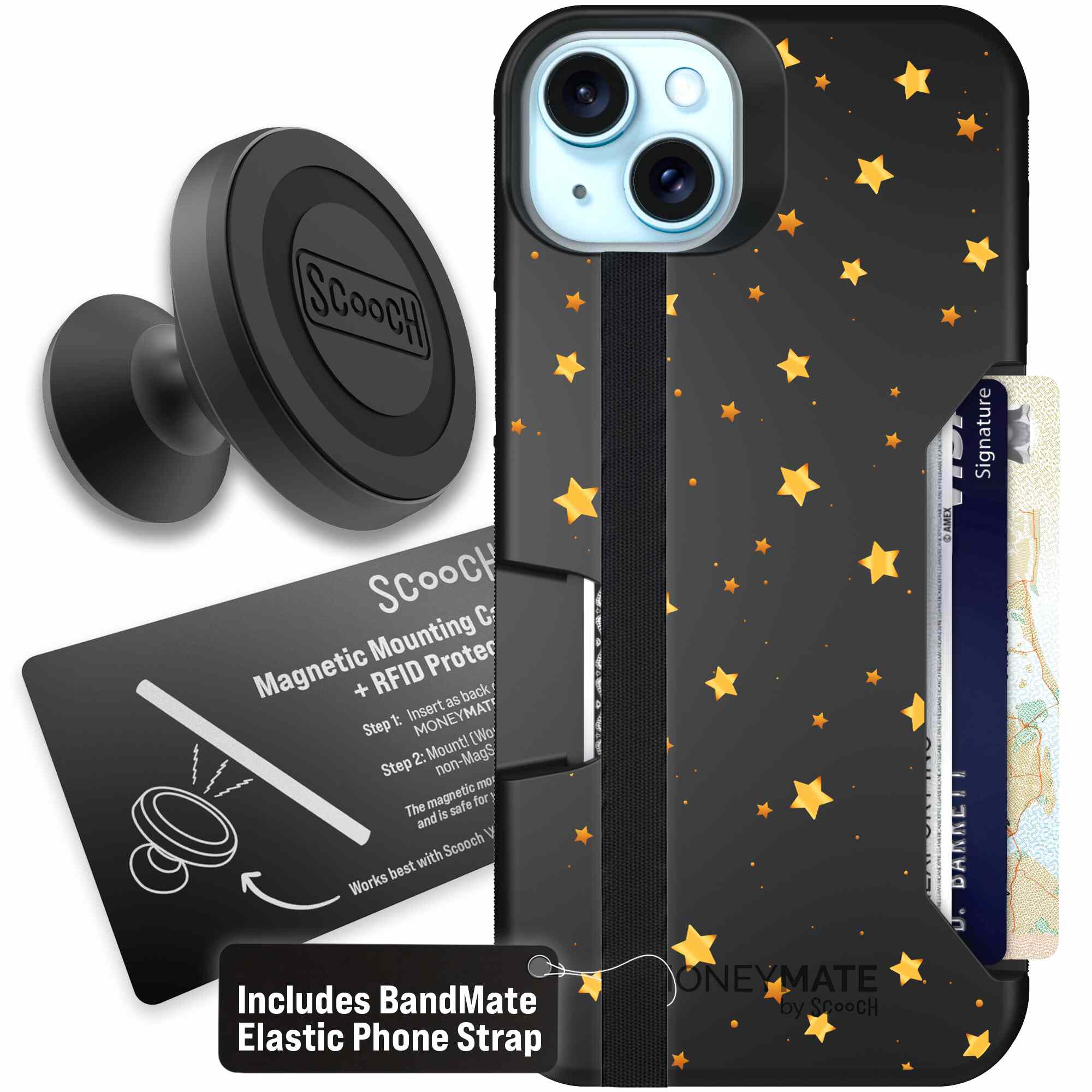 Gold Stars yellow and gold star pattern on a charcoal Scooch Moneymate case for iPhone 15 Plus - Starter Bundle
