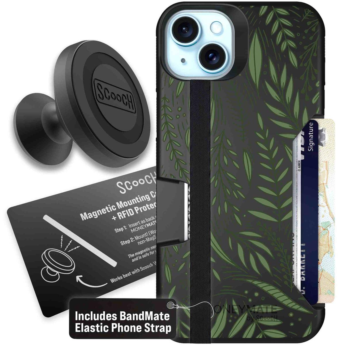 Willow Garden layered green leaves and branches on a charcoal Scooch Moneymate case for iPhone 15 Plus - Starter Bundle