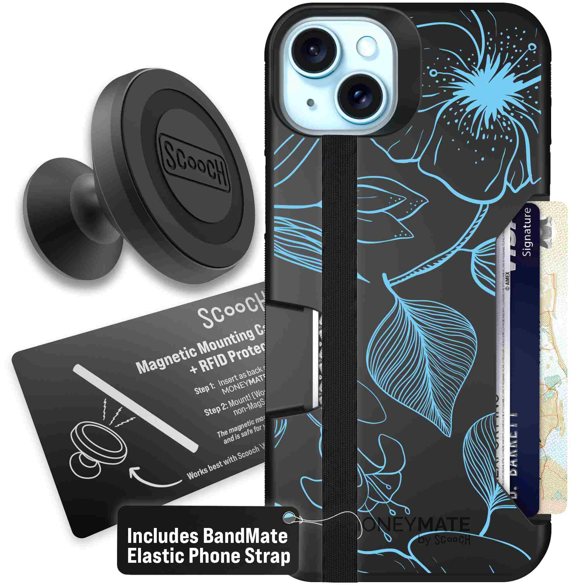 Blue Hibiscus cyan-blue tropical flower pattern on a charcoal Scooch Moneymate case for iPhone 15 Plus - Starter Bundle