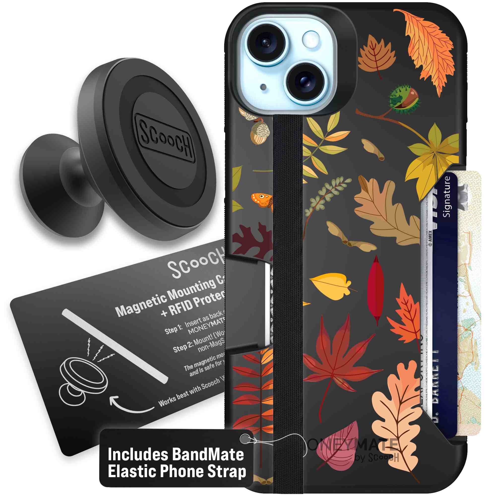 Autumn Leaves multicolored fall foliage pattern on a charcoal Scooch Moneymate case for iPhone 15 Plus - Starter Bundle