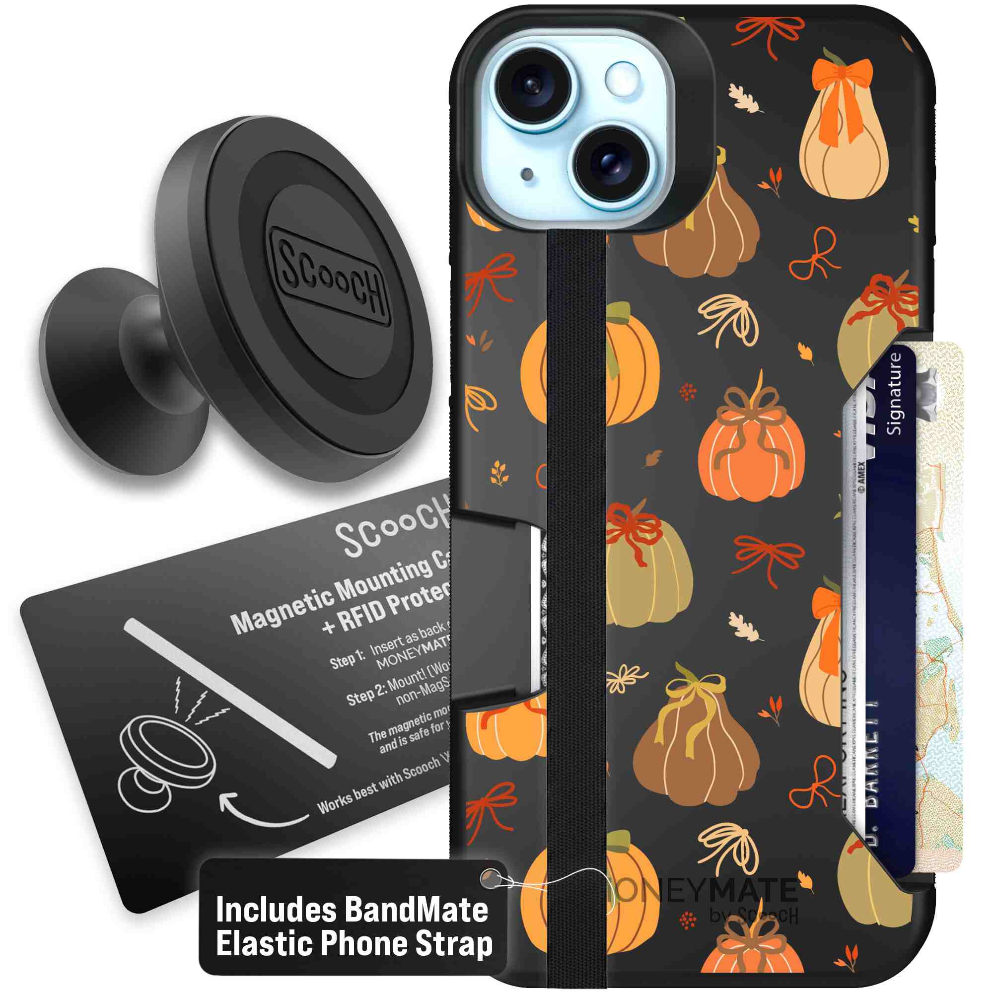 Pretty Pumpkins orange pumpkin and bow pattern on a Scooch Moneymate case for iPhone 15 Plus - Starter Bundle