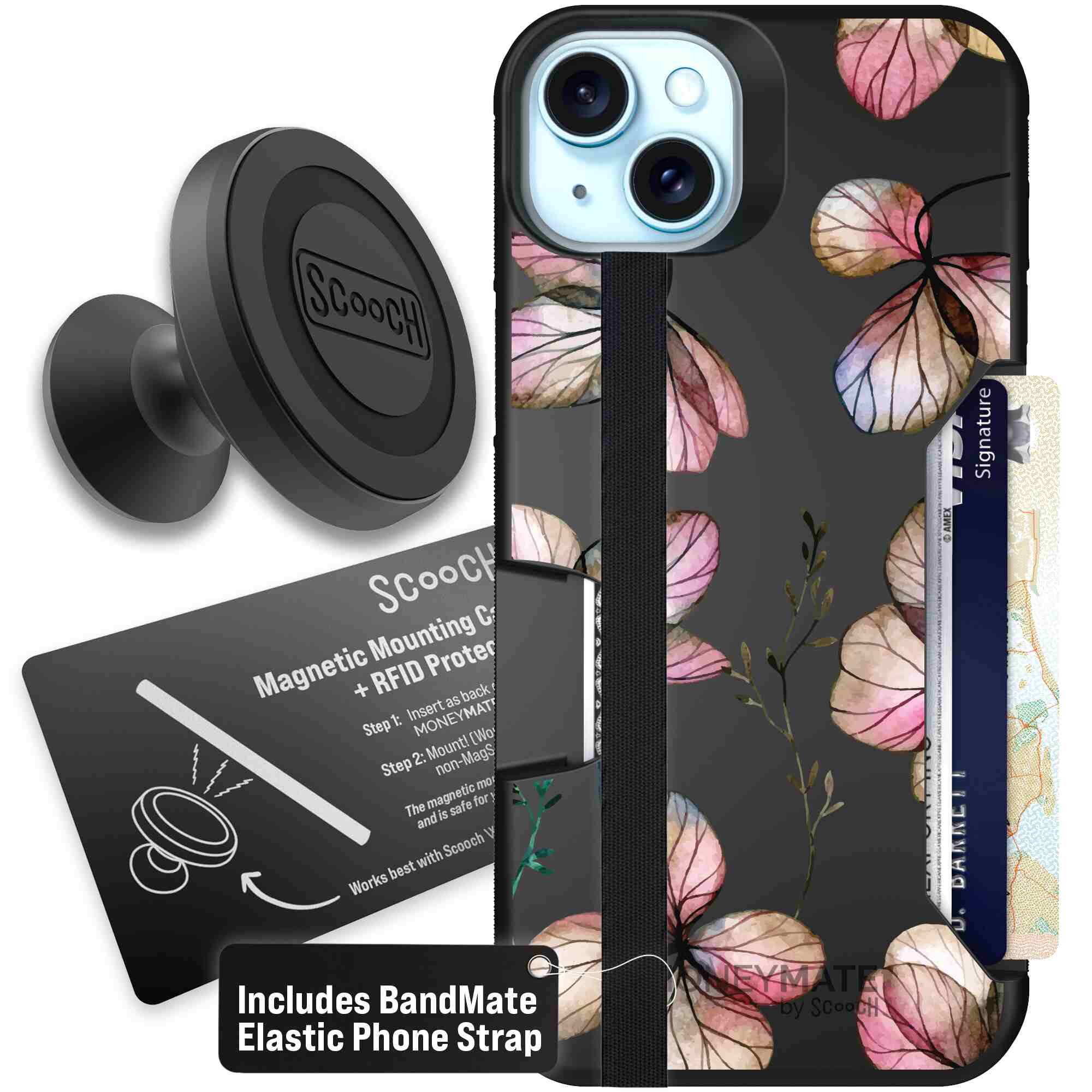 Dried Flowers blush mauve and cream floral pattern on a black Scooch Moneymate case for iPhone 15 Plus - Starter Bundle