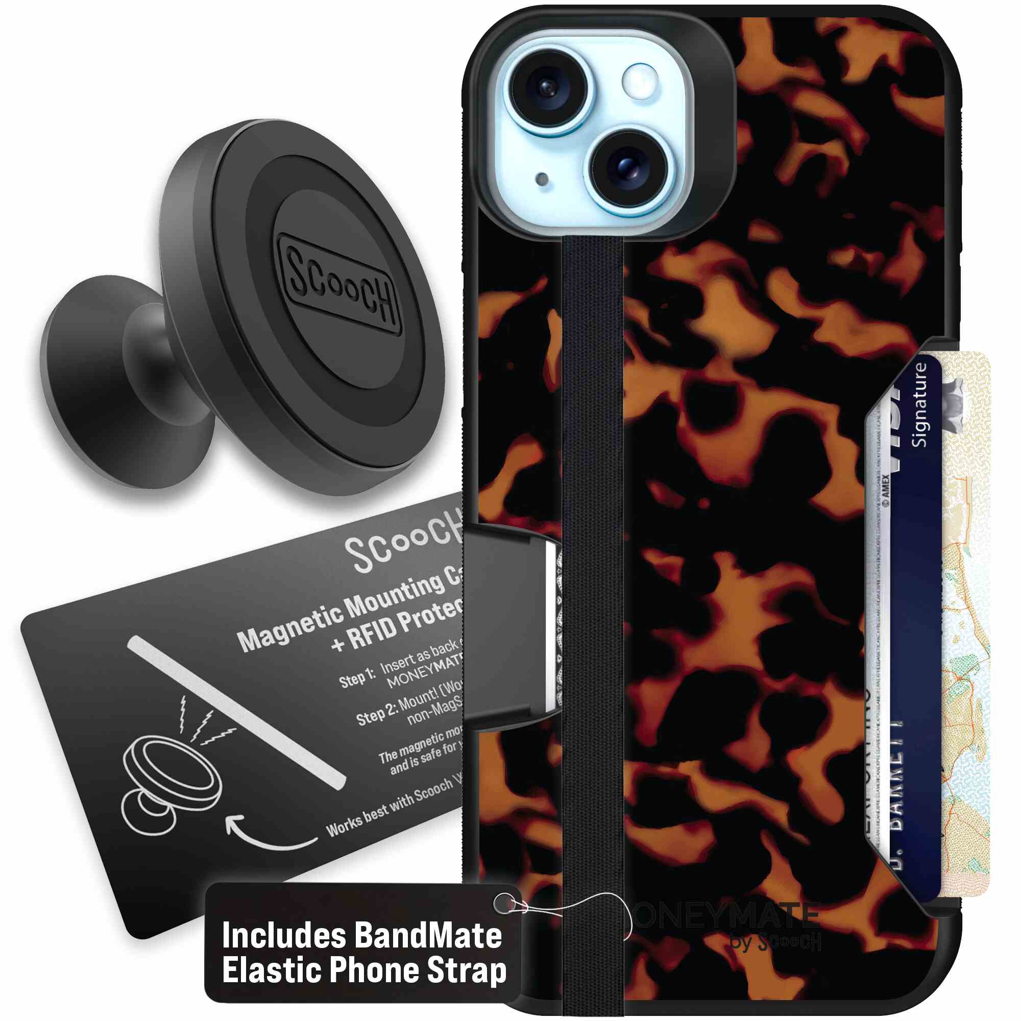 Tortoise Shell amber brown and black mottled pattern on a Scooch Moneymate case for iPhone 15 Plus - Starter Bundle