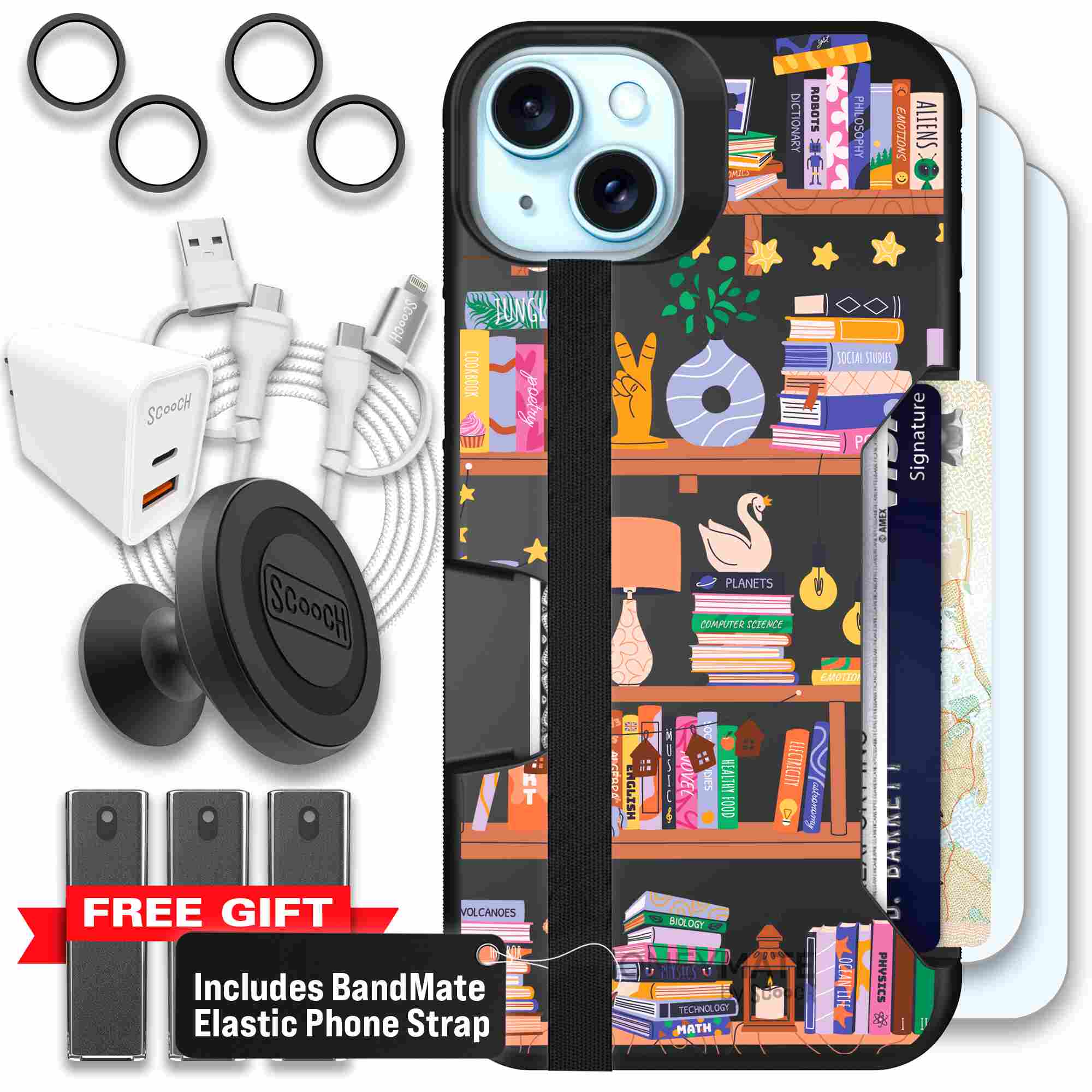 Little Library colorful book and bookshelf pattern on a Scooch Moneymate case for iPhone 15 Plus - Ultimate Bundle