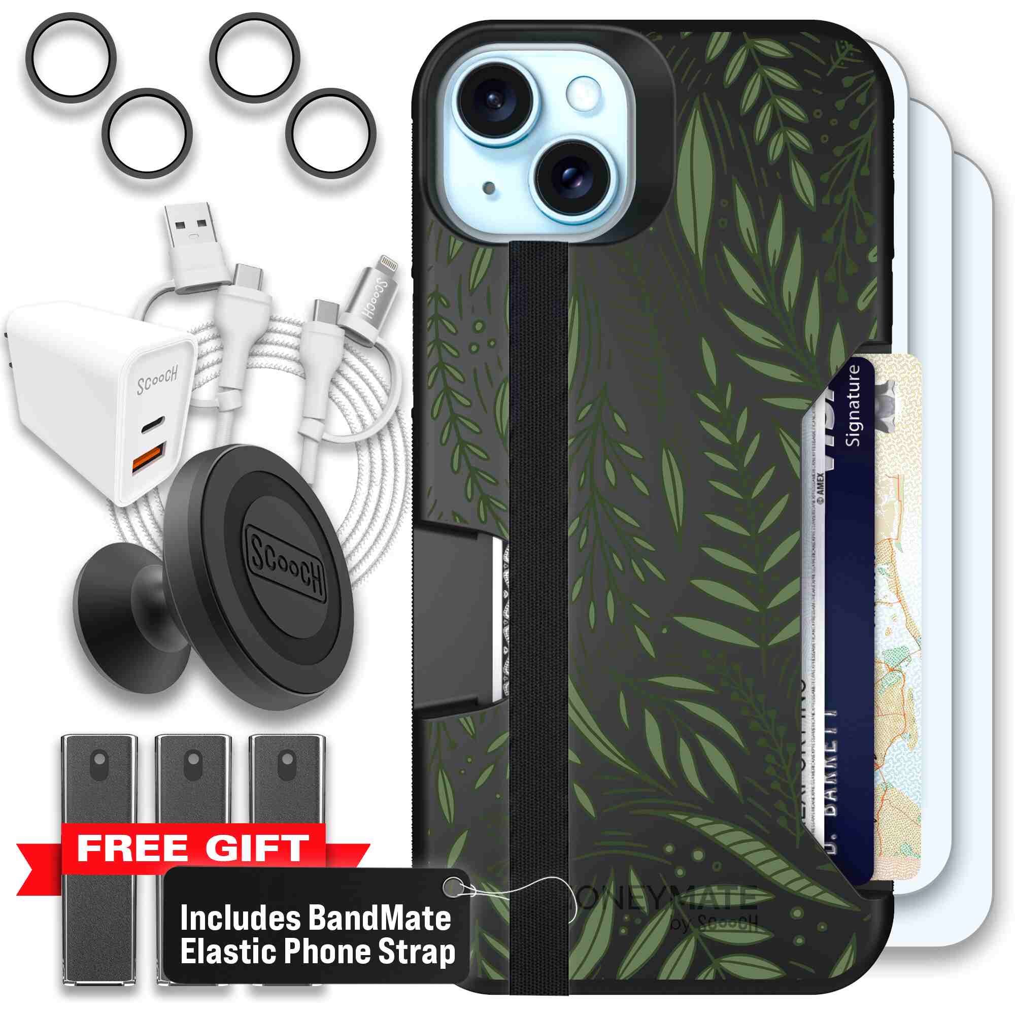 Willow Garden layered green leaves and branches on a charcoal Scooch Moneymate case for iPhone 15 Plus - Ultimate Bundle
