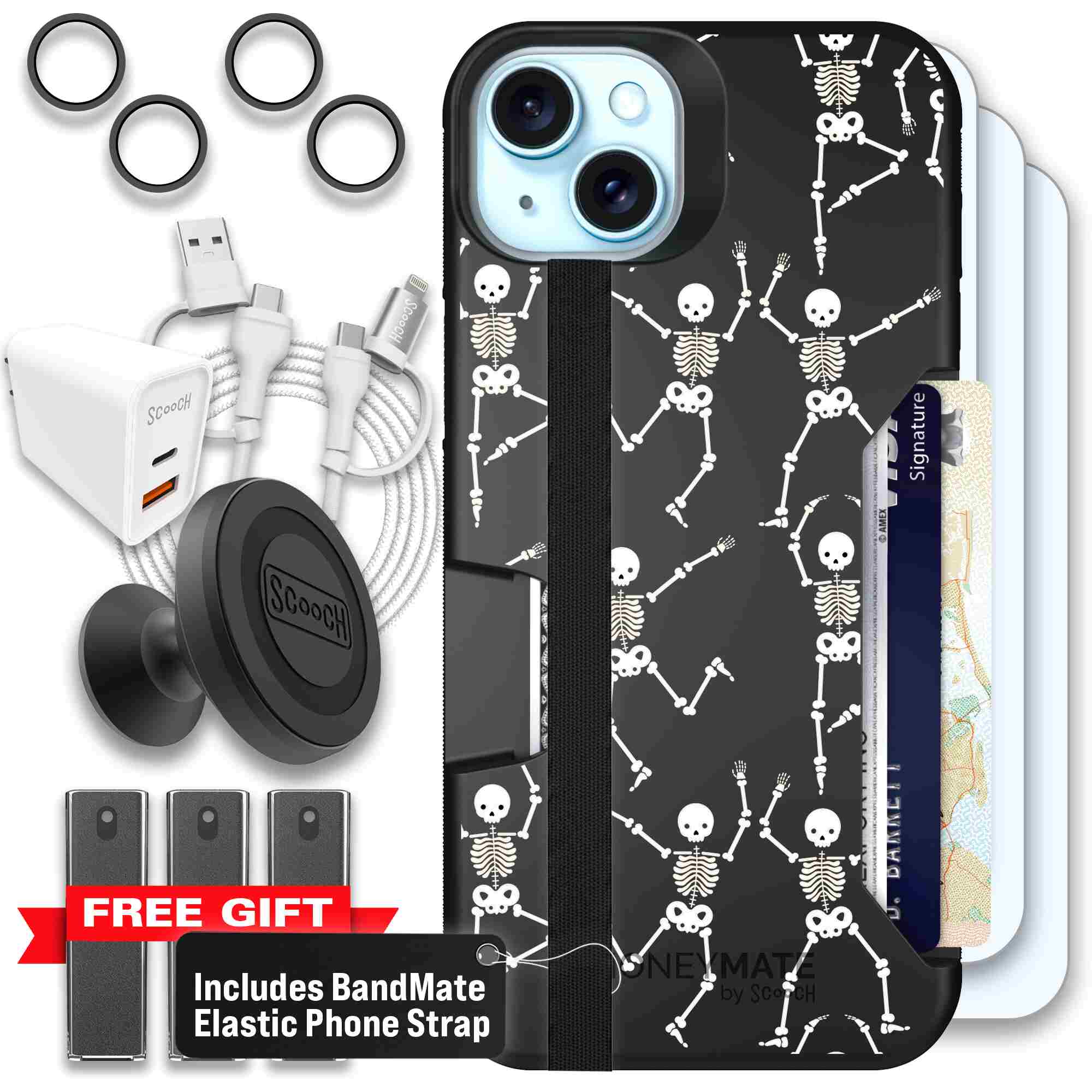 Swinging Skeletons white dancing skeleton pattern on a black Scooch Moneymate case for iPhone 15 Plus - Ultimate Bundle