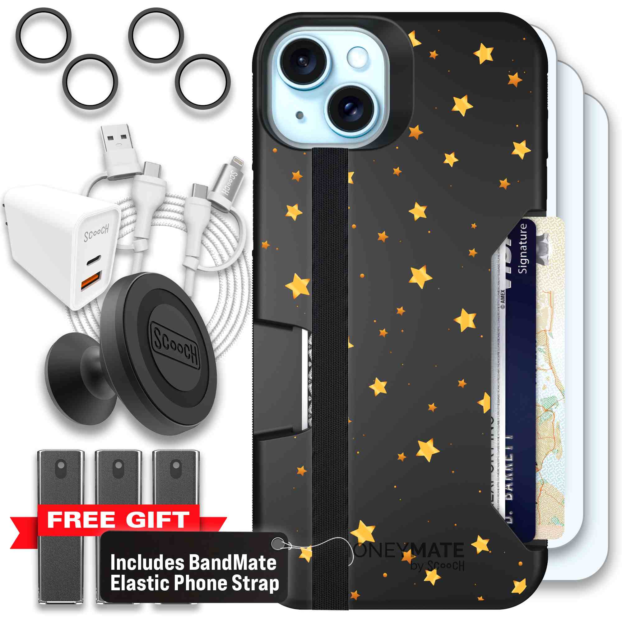 Gold Stars yellow and gold star pattern on a charcoal Scooch Moneymate case for iPhone 15 Plus - Ultimate Bundle