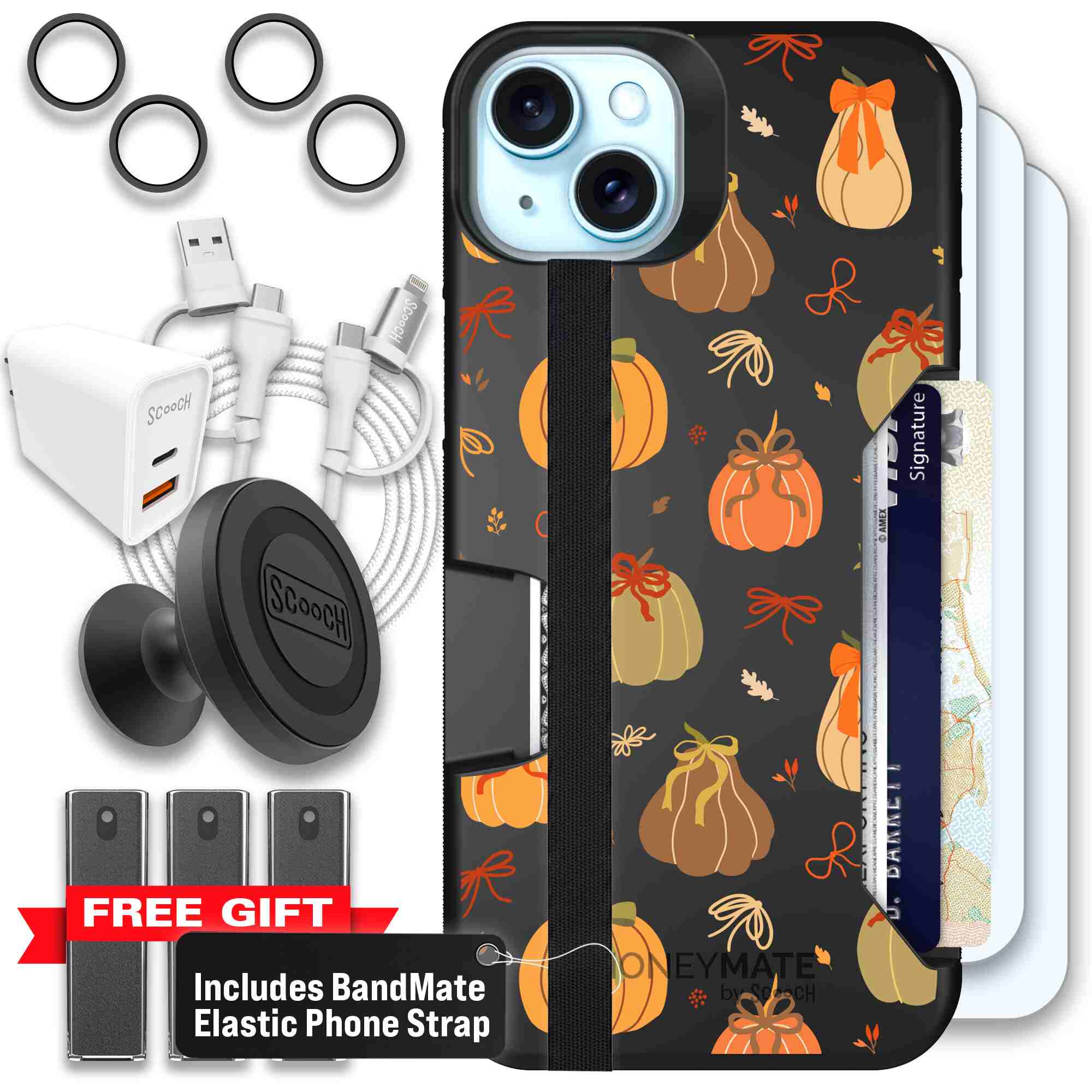 Pretty Pumpkins orange pumpkin and bow pattern on a Scooch Moneymate case for iPhone 15 Plus - Ultimate Bundle