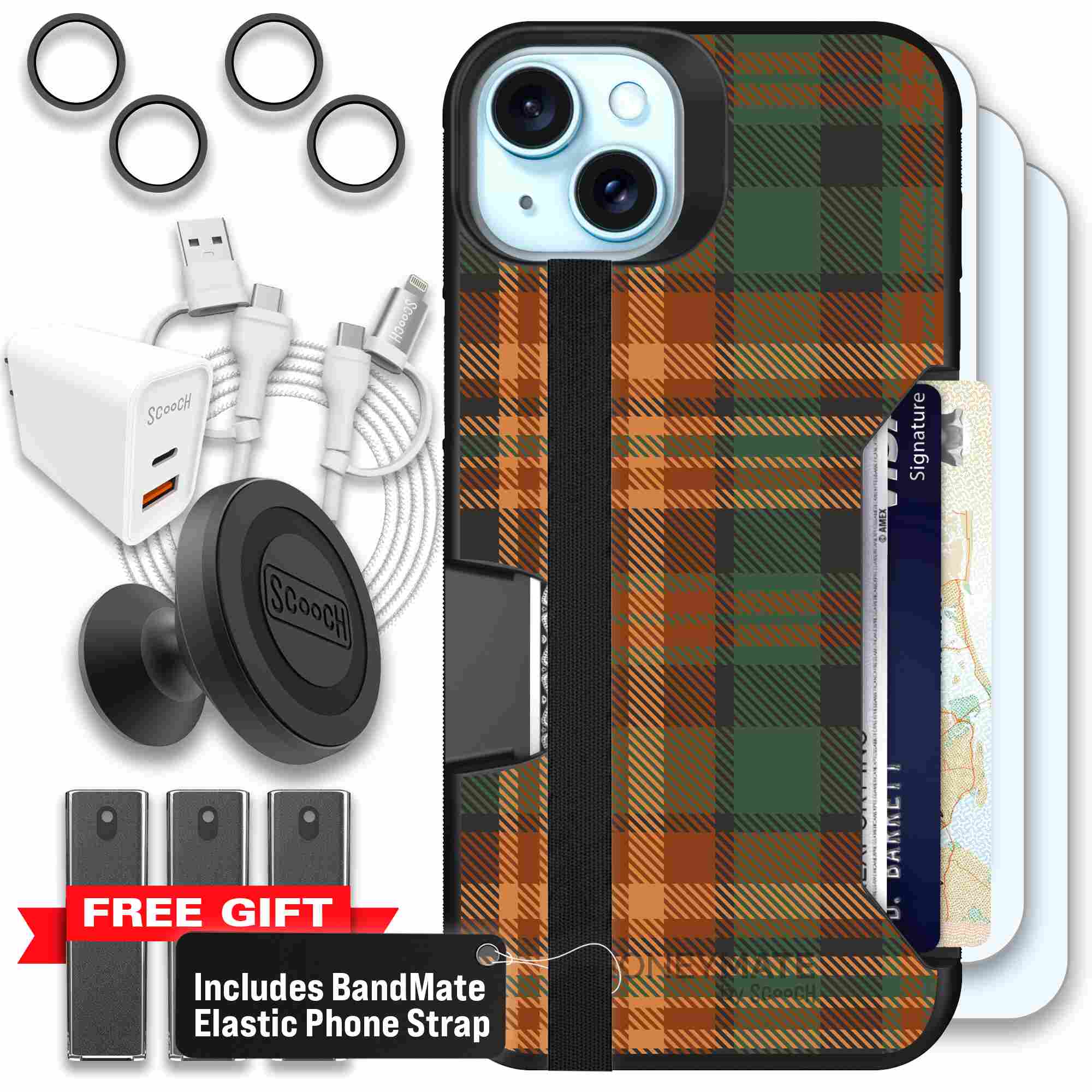 Fall Flannel orange and brown plaid pattern on a Scooch Moneymate case for iPhone 15 Plus - Ultimate Bundle