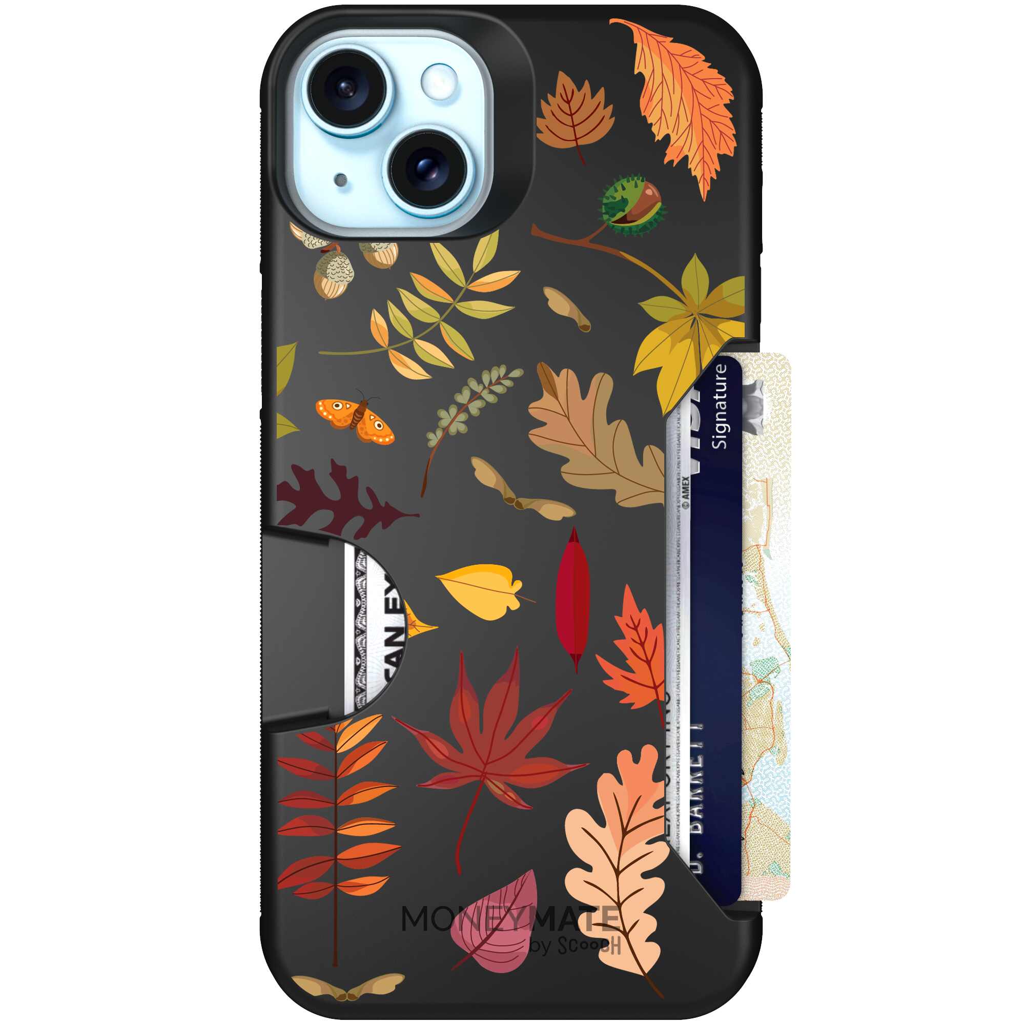 Autumn Leaves multicolored fall foliage pattern on a charcoal Scooch Moneymate case for iPhone 15 Plus