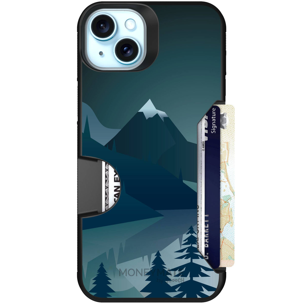 Midnight Ridge layered blue mountains and evergreen trees on a Scooch Moneymate case for iPhone 15 Plus