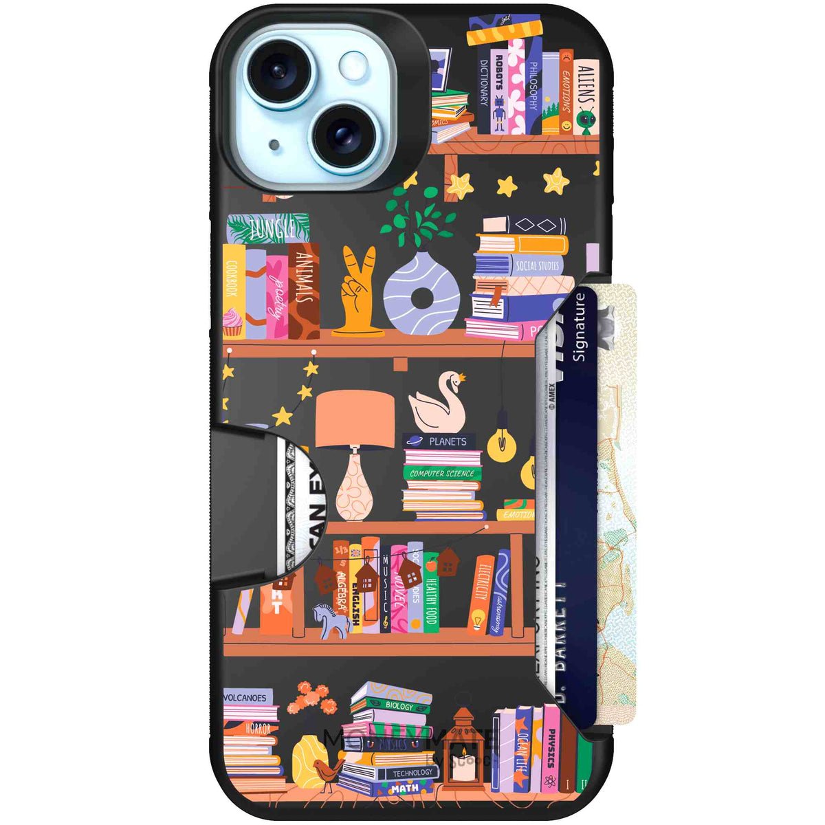 Little Library colorful book and bookshelf pattern on a Scooch Moneymate case for iPhone 15 Plus
