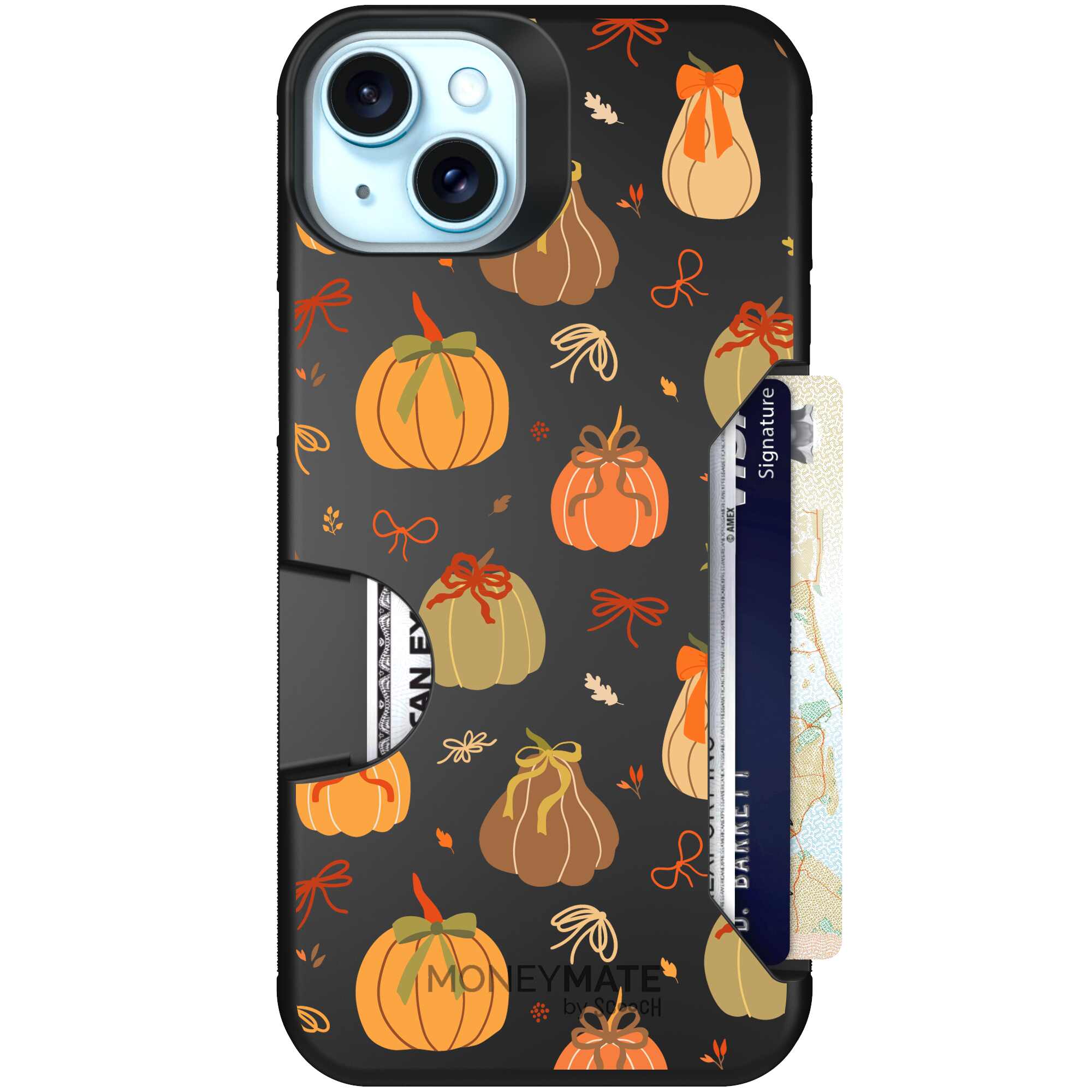 Pretty Pumpkins orange pumpkin and bow pattern on a Scooch Moneymate case for iPhone 15 Plus